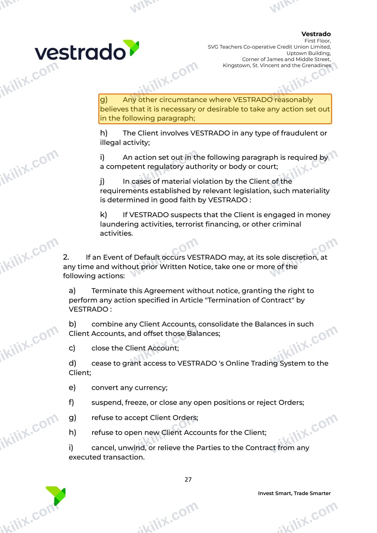 Our full page screenshot of the page this clause sits on, on vestrado's site vestrado.com, taken on Aug 27, 2026. The quoted words are marked in the image.
