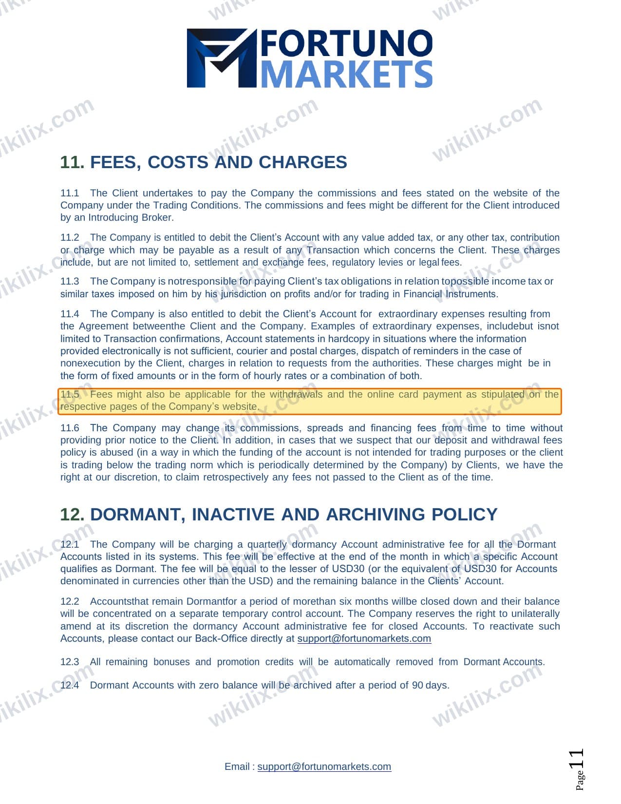 Our full page screenshot of the page this clause sits on, on Fortuno Markets's site fortunomarkets.com, taken on Aug 30, 2026. The quoted words are marked in the image.