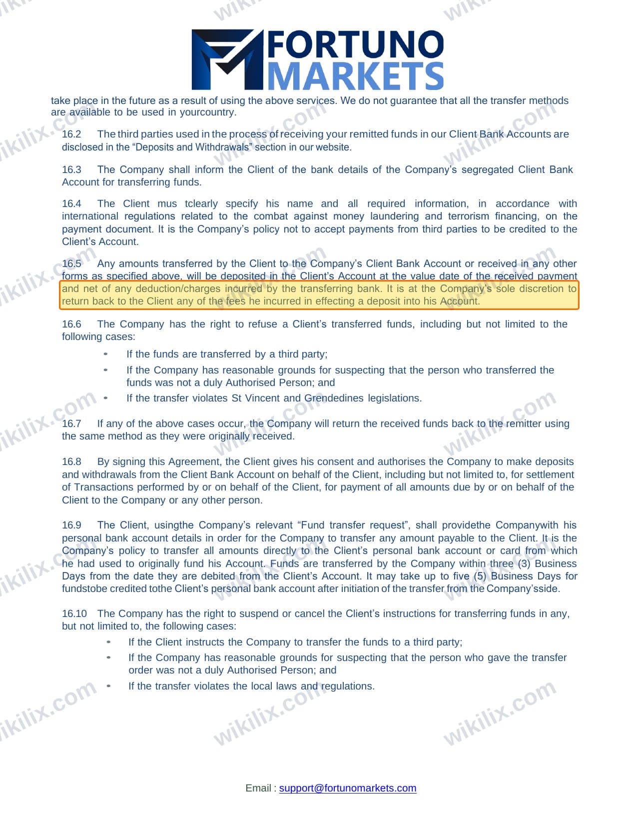 Our full page screenshot of the page this clause sits on, on Fortuno Markets's site fortunomarkets.com, taken on Aug 30, 2026. The quoted words are marked in the image.