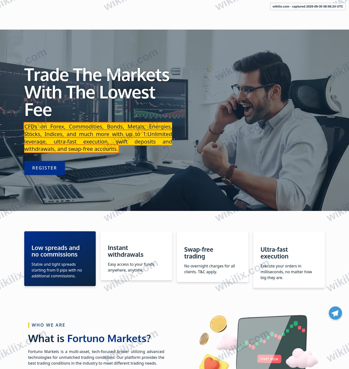 Our full page screenshot of the page that makes this promise, on Fortuno Markets's site web.archive.org, taken on Aug 30, 2026. The quoted words are marked in the image.