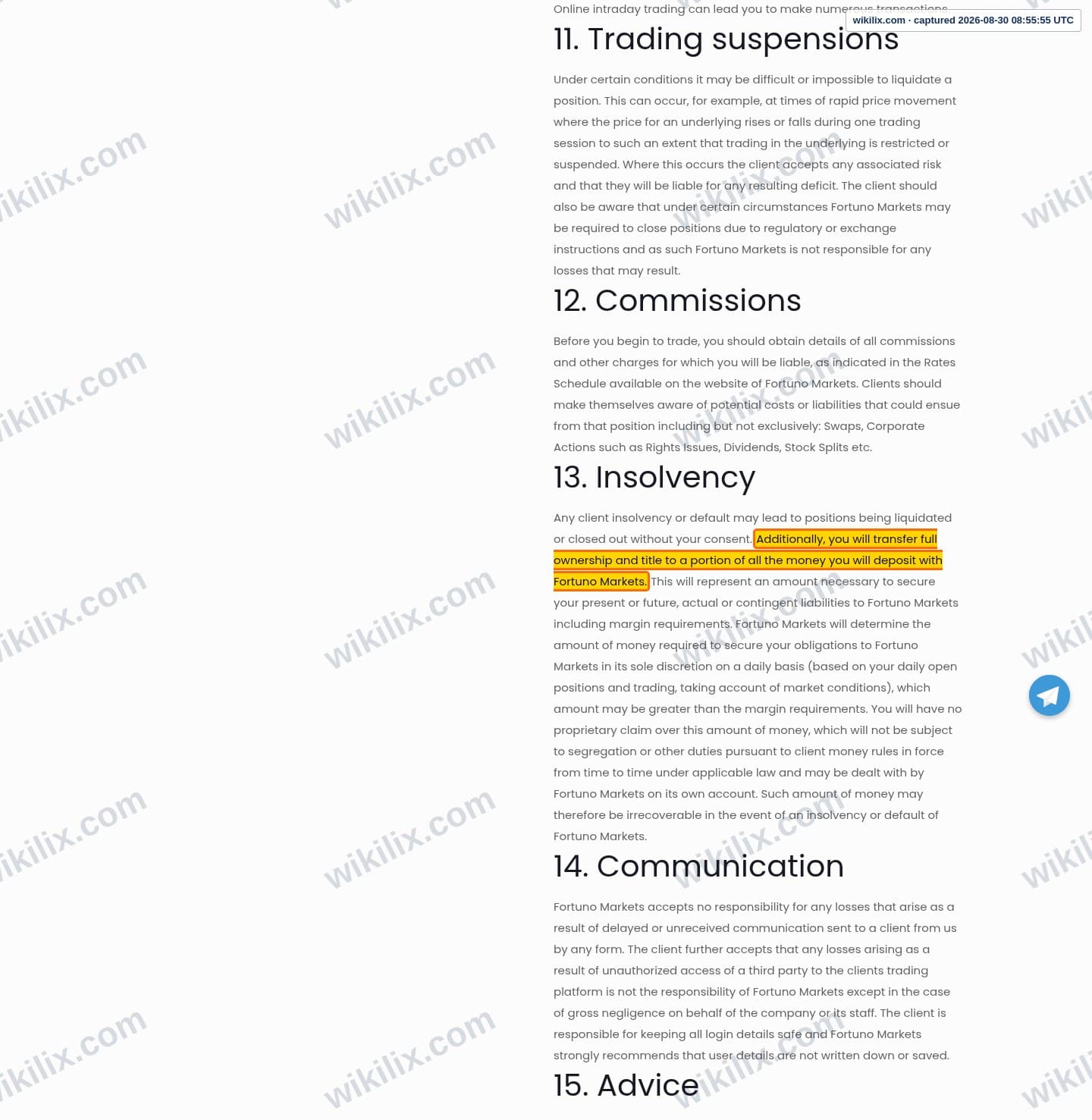 Our full page screenshot of the page this clause sits on, on Fortuno Markets's site web.archive.org, taken on Aug 30, 2026. The quoted words are marked in the image.