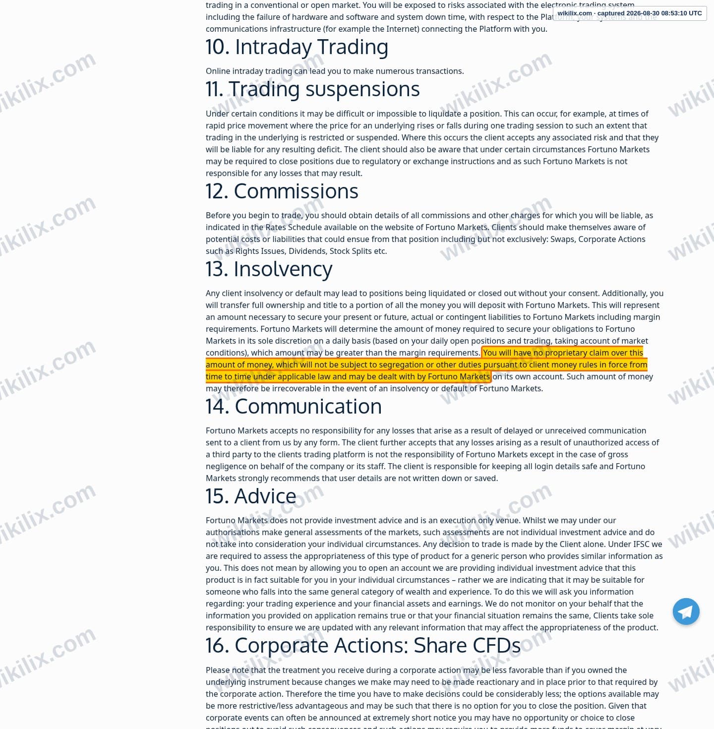 Our full page screenshot of the page this clause sits on, on Fortuno Markets's site fortunomarkets.com, taken on Aug 30, 2026. The quoted words are marked in the image.