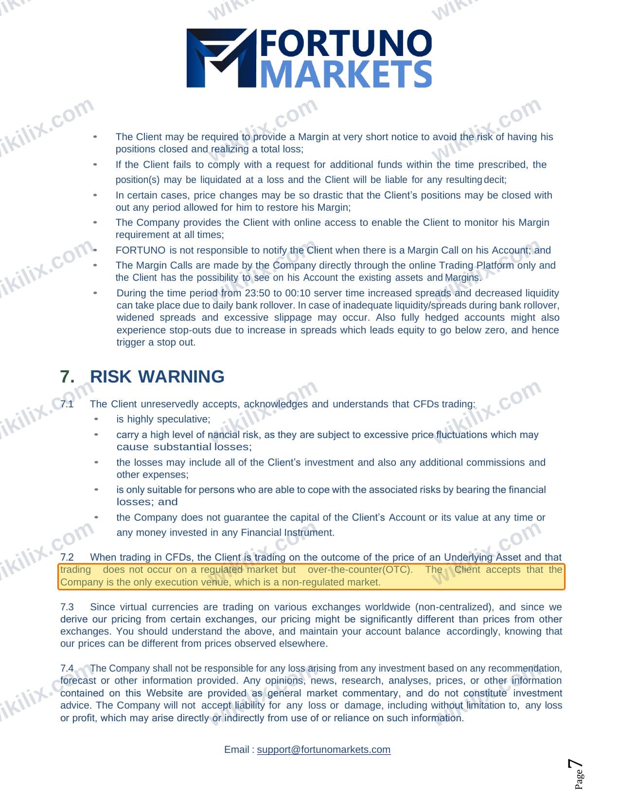 Our full page screenshot of the page this clause sits on, on Fortuno Markets's site fortunomarkets.com, taken on Aug 30, 2026. The quoted words are marked in the image.