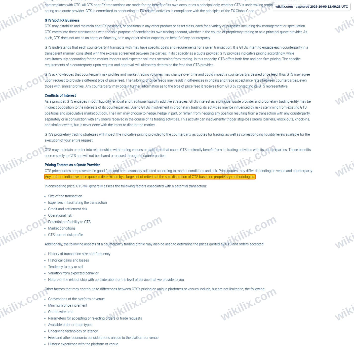 Our full page screenshot of the page this clause sits on, on GTS's site gtsx.com, taken on Oct 9, 2026. The quoted words are marked in the image.