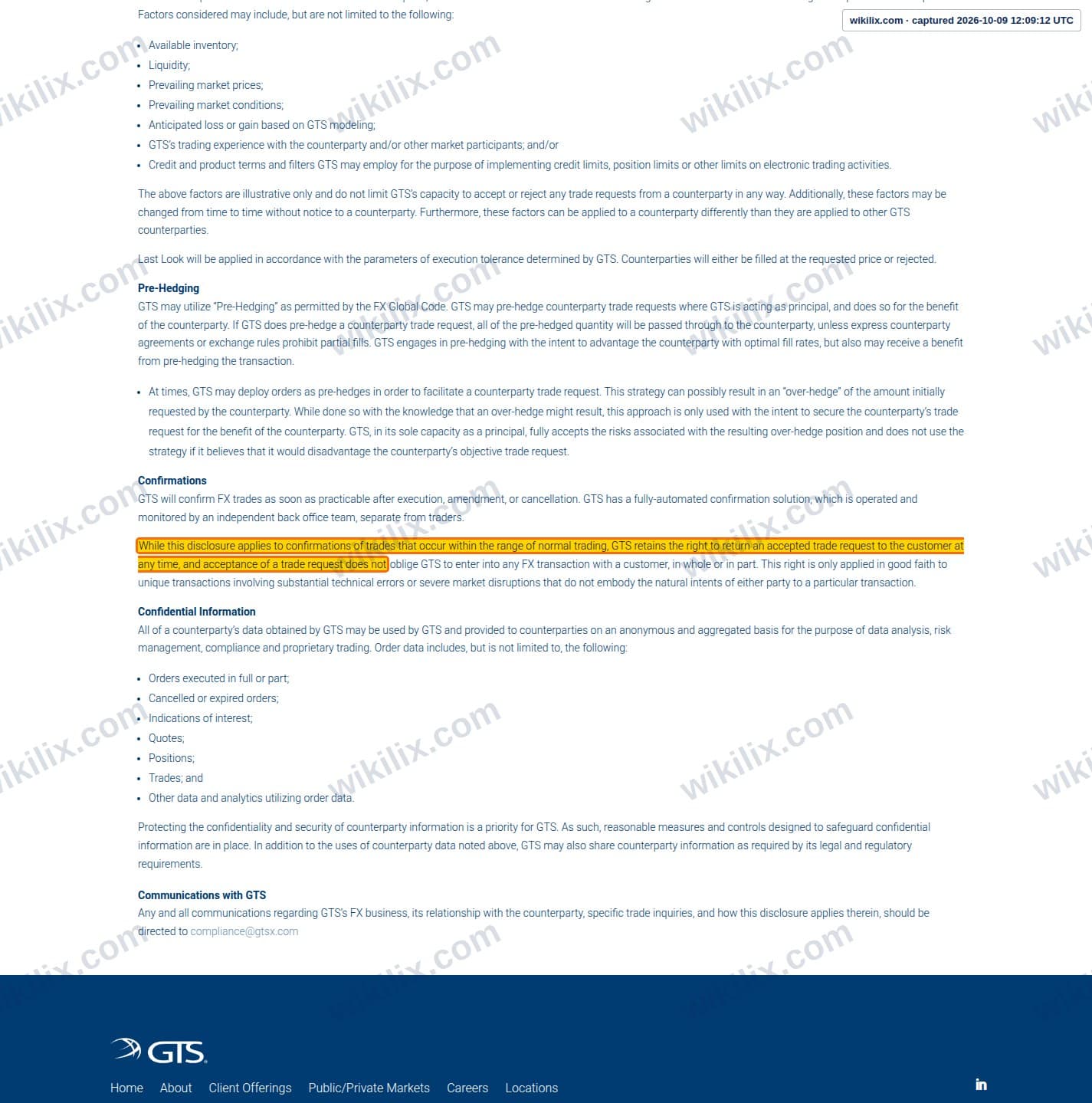 Our full page screenshot of the page this clause sits on, on GTS's site gtsx.com, taken on Oct 9, 2026. The quoted words are marked in the image.