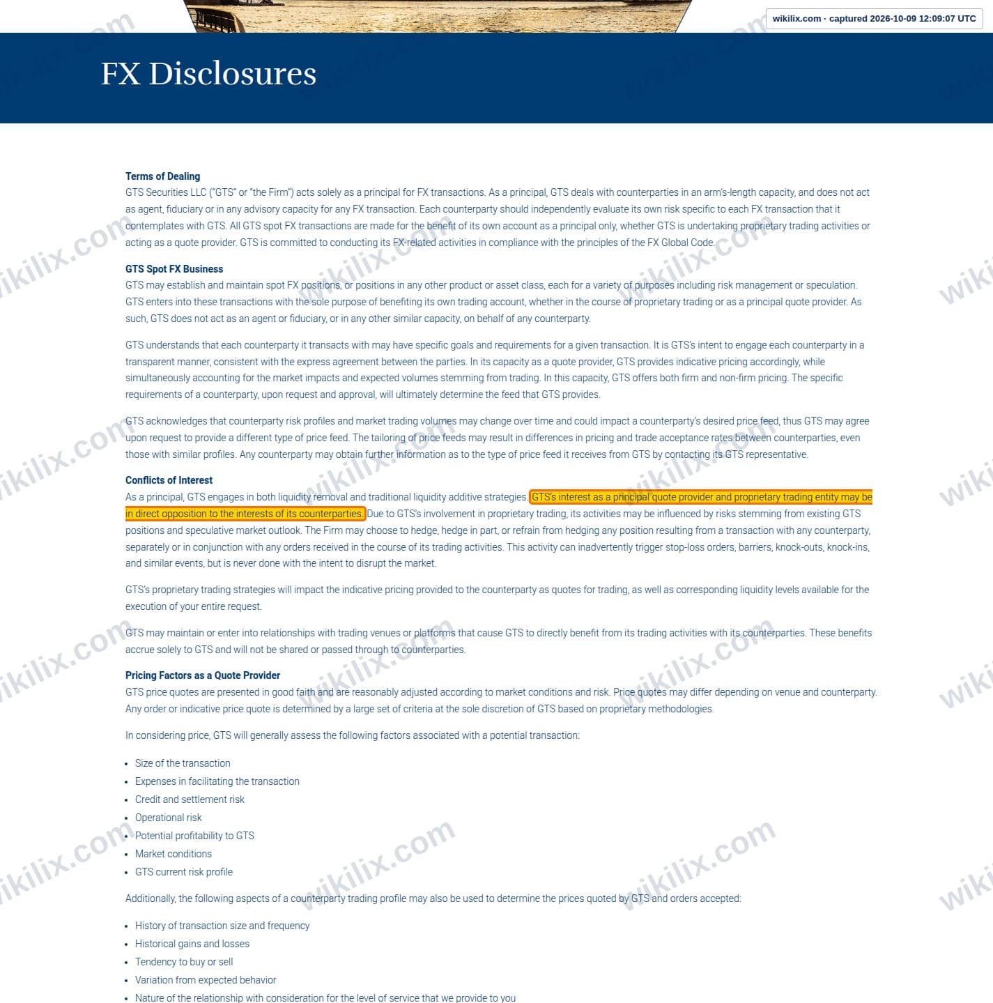 Our full page screenshot of the page this clause sits on, on GTS's site gtsx.com, taken on Oct 9, 2026. The quoted words are marked in the image.