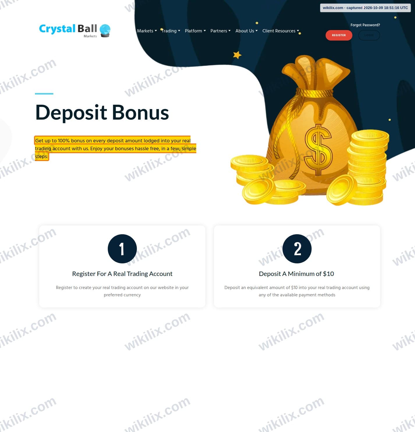 Our full page screenshot of the page that makes this promise, on Crystal Ball Markets's site crystalballmarkets.com, taken on Oct 9, 2026. The quoted words are marked in the image.