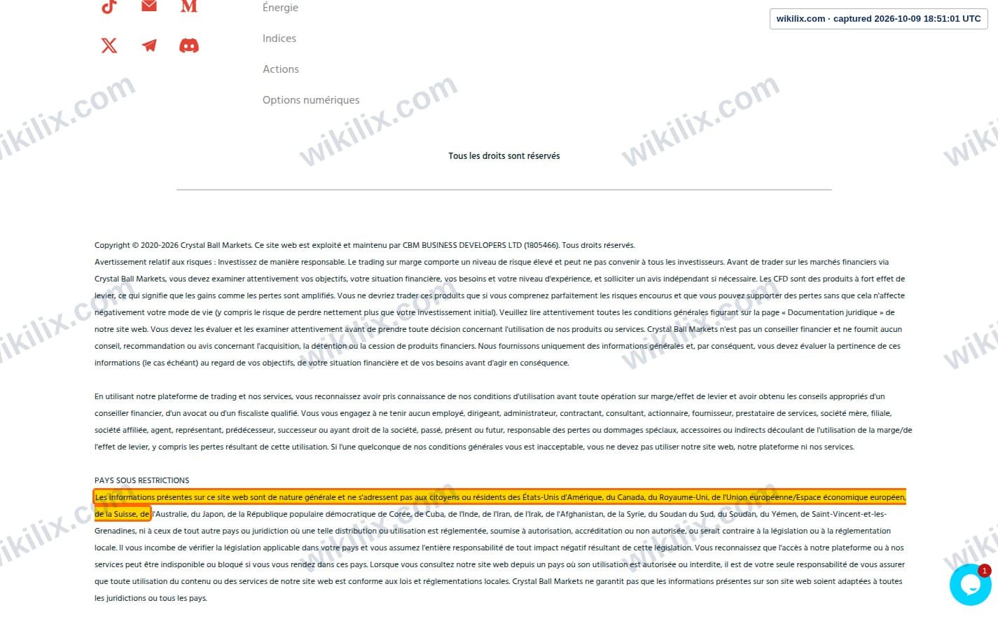 Our full page screenshot of the page this clause sits on, on Crystal Ball Markets's site crystalballmarkets.com, taken on Oct 9, 2026. The quoted words are marked in the image.