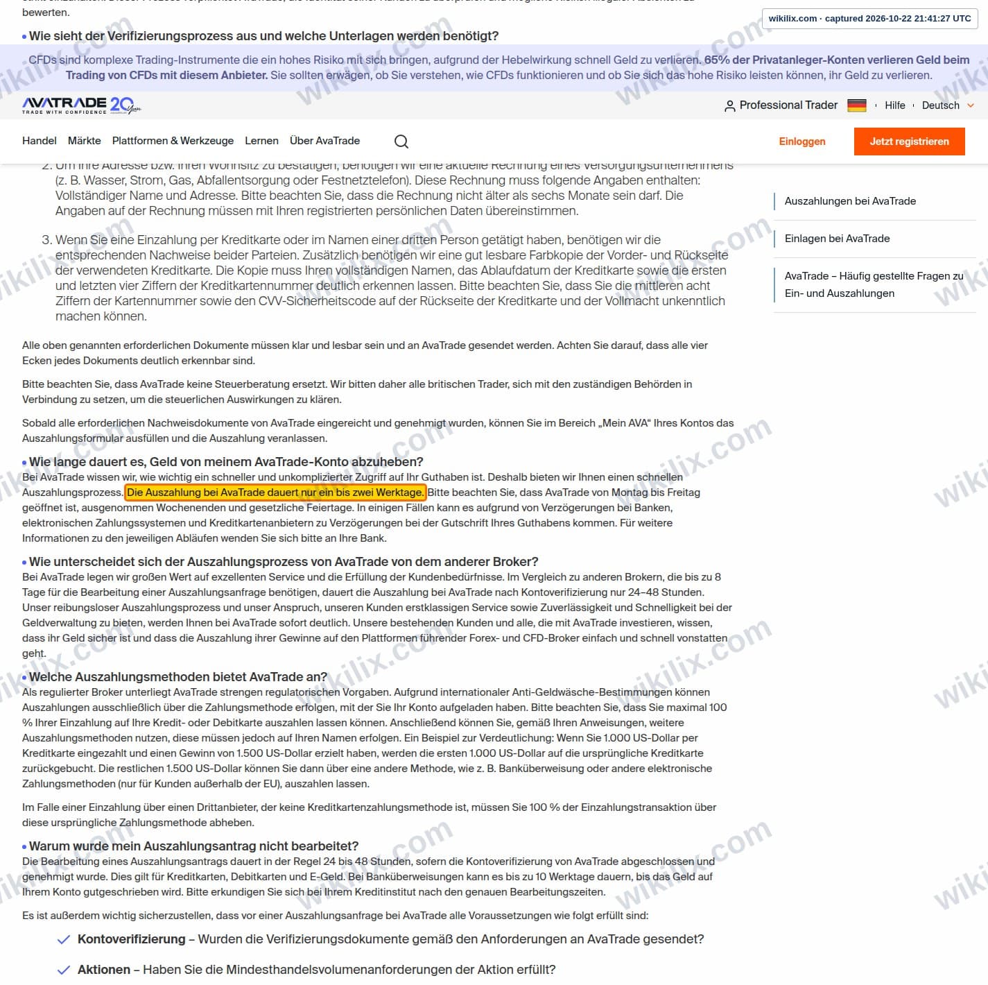 Our full page screenshot of the page that makes this promise, on AVATRADE's site avatrade.de, taken on Oct 22, 2026. The quoted words are marked in the image.