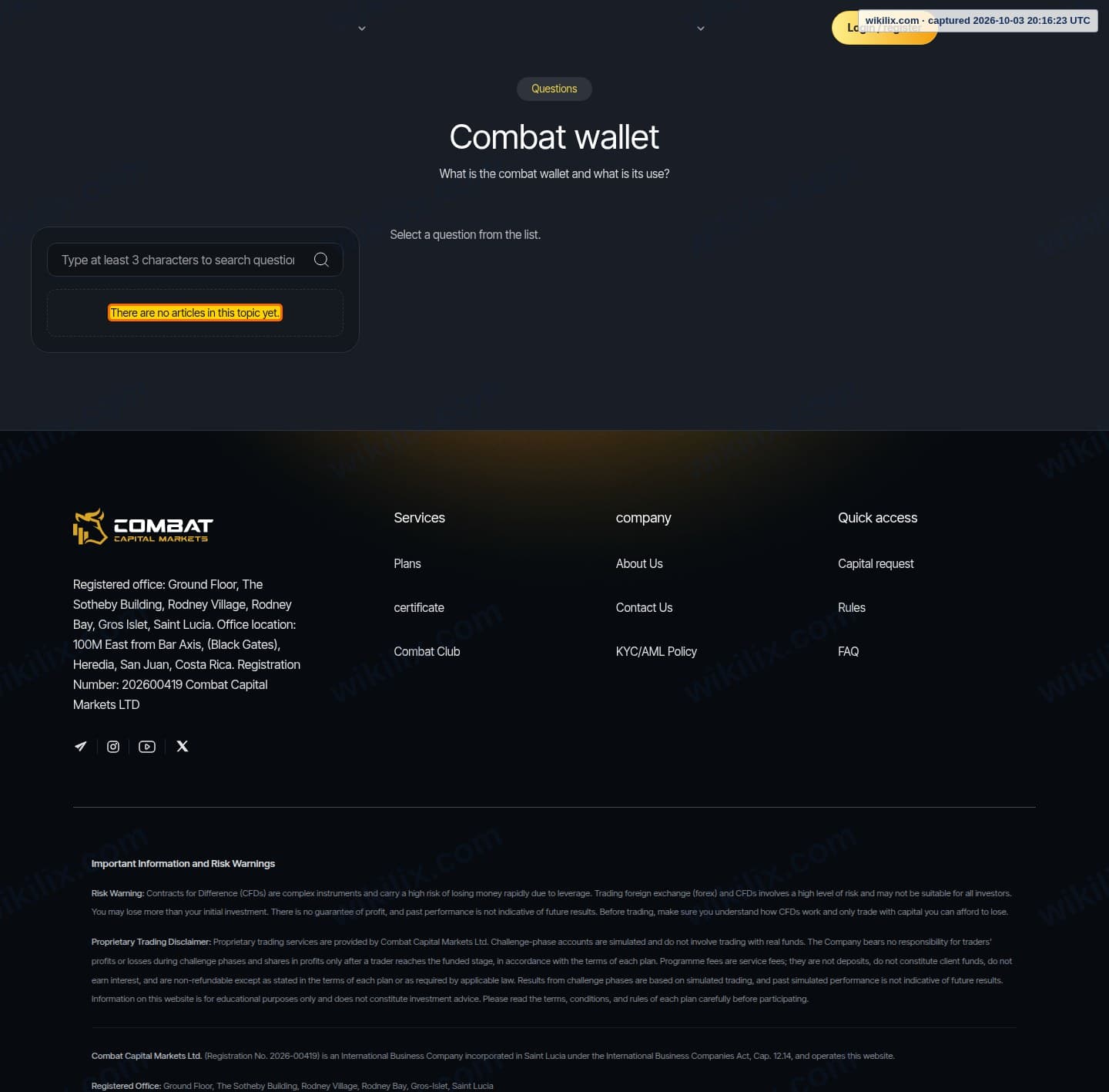 Our full page screenshot of the page that makes this promise, on Combat Capital Markets's site combatcapitalmarkets.com, taken on Oct 3, 2026. The quoted words are marked in the image.
