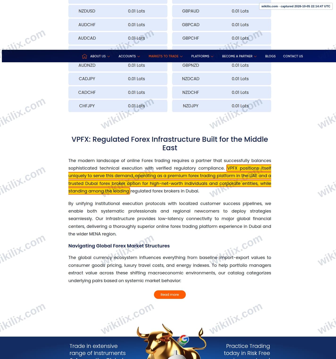 Our full page screenshot of the page that makes this promise, on VPFX's site vpfx.net, taken on Oct 5, 2026. The quoted words are marked in the image.