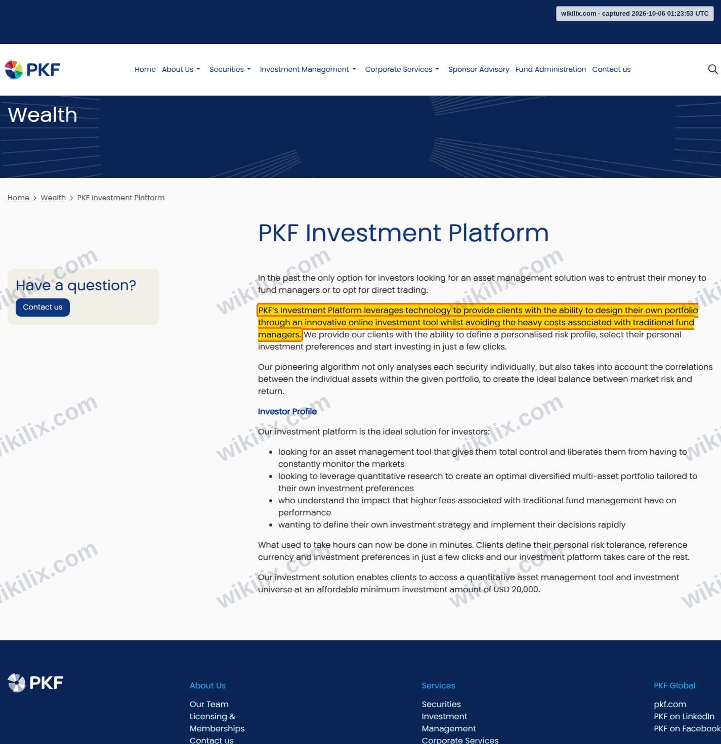 Our full page screenshot of the page that makes this promise, on PKF Capital's site pkf.sc, taken on Oct 6, 2026. The quoted words are marked in the image.