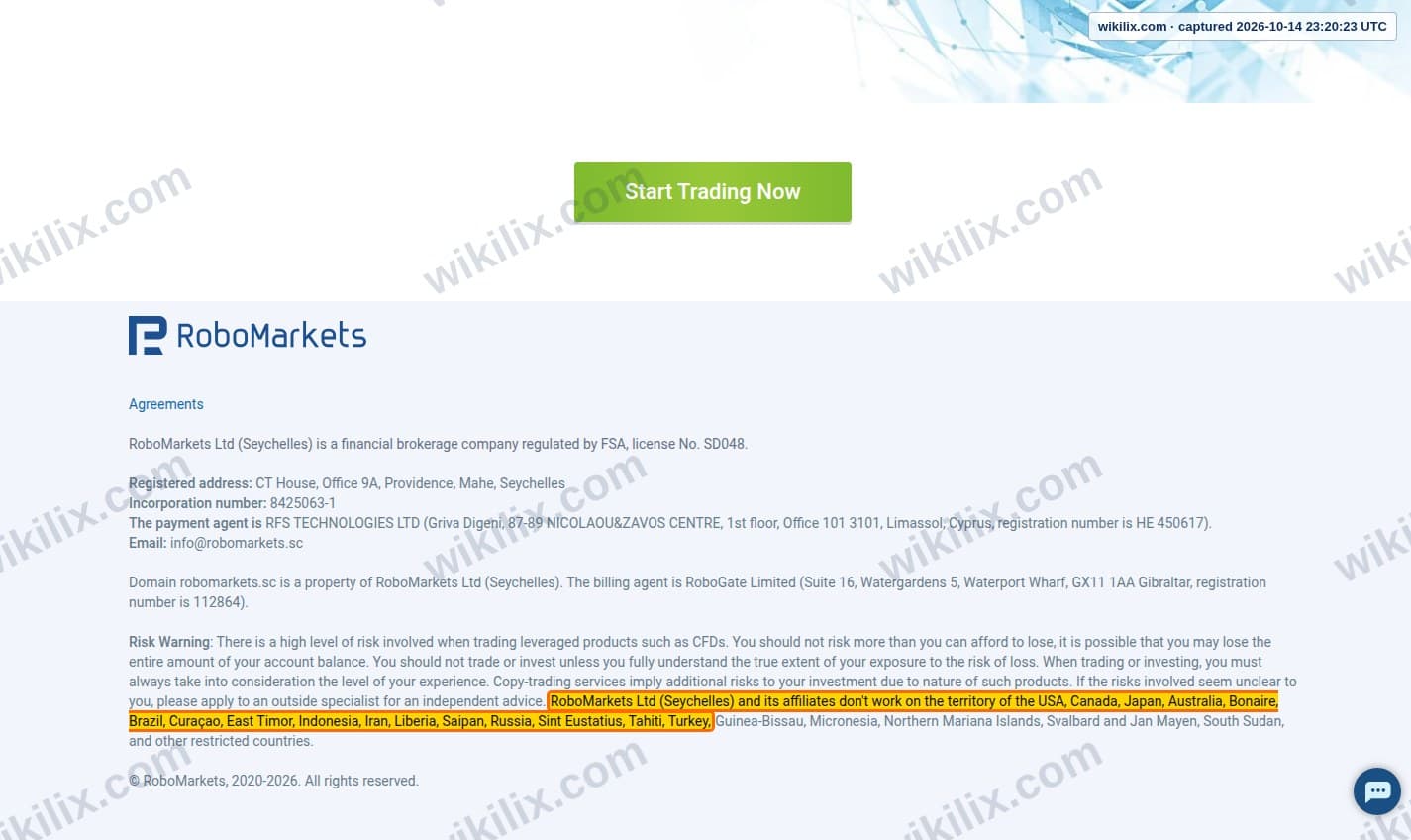 Our full page screenshot of the page that makes this promise, on RoboMarkets's site robomarkets.sc, taken on Oct 14, 2026. The quoted words are marked in the image.