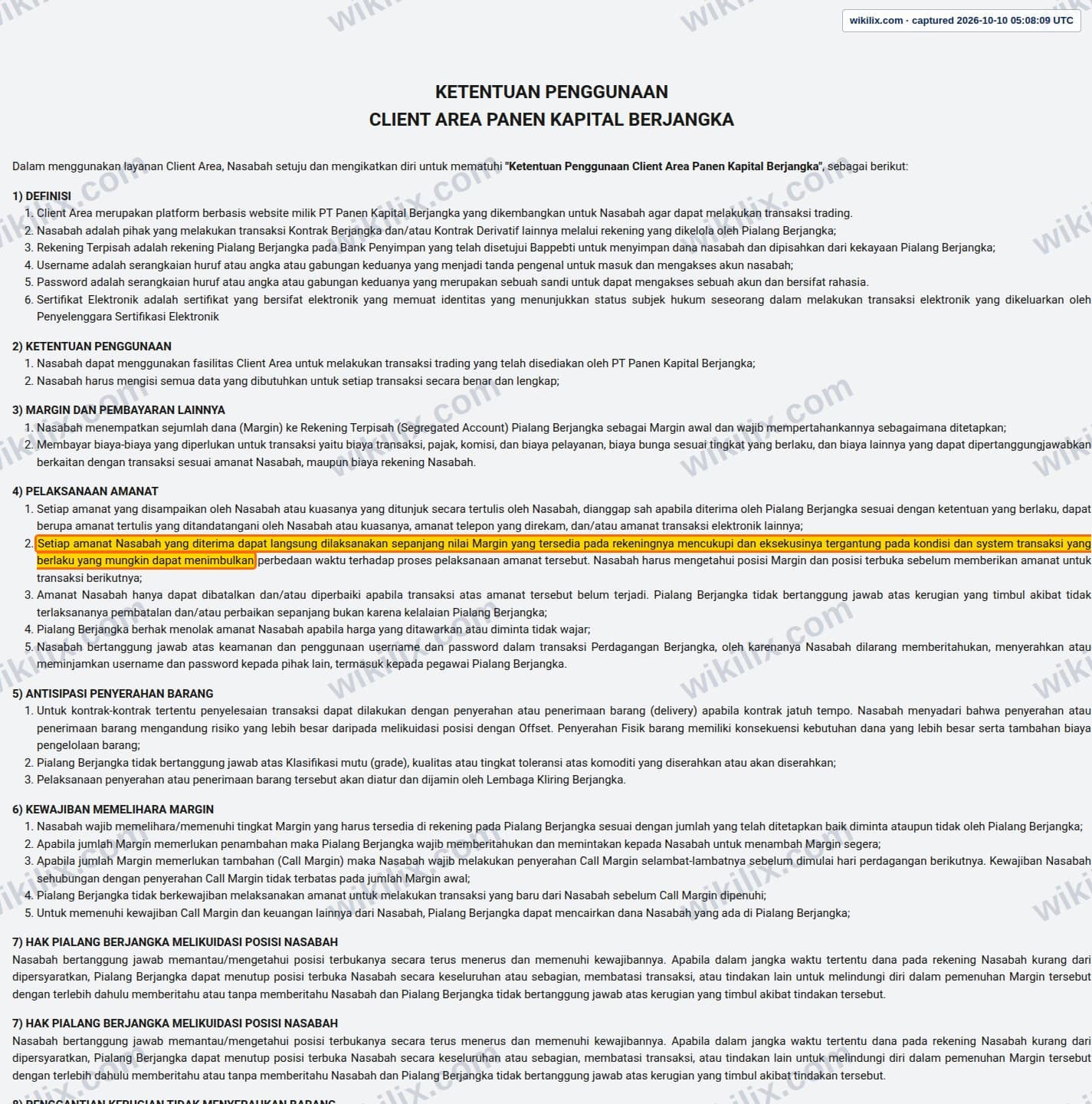 Our full page screenshot of the page this clause sits on, on PanEn Kapital Berjangka's site cabinet.panenfx.co.id, taken on Oct 10, 2026. The quoted words are marked in the image.