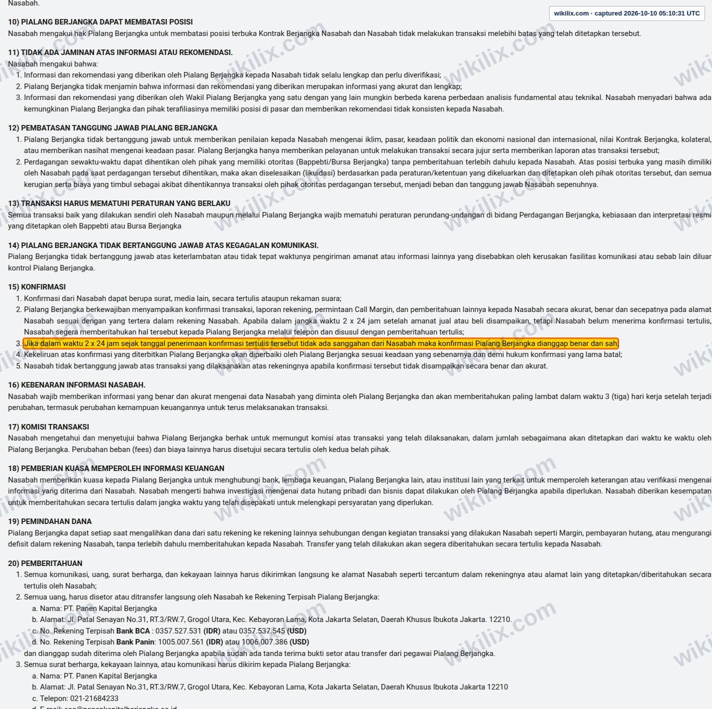 Our full page screenshot of the page this quotation was taken from, on PanEn Kapital Berjangka's site cabinet.panenfx.co.id, taken on Oct 10, 2026. The quoted words are not marked in the image.