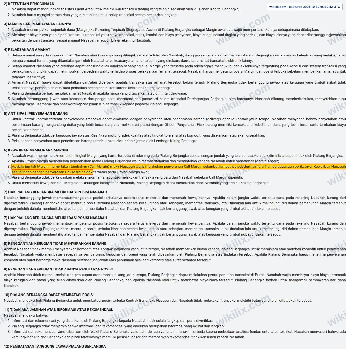 Our full page screenshot of the page this clause sits on, on PanEn Kapital Berjangka's site cabinet.panenfx.co.id, taken on Oct 10, 2026. The quoted words are marked in the image.