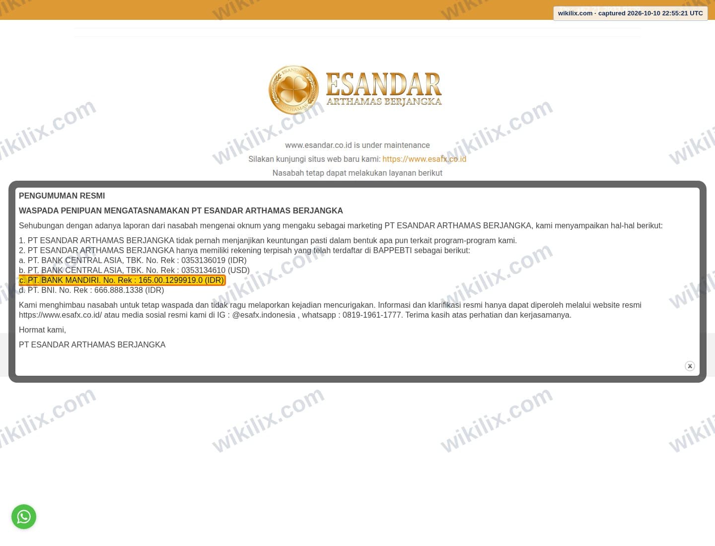 Our full page screenshot of the page that makes this promise, on Esandar's site esandar.co.id, taken on Oct 10, 2026. The quoted words are marked in the image.