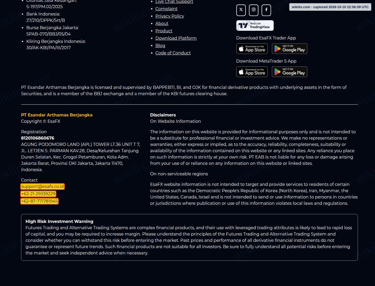 Our full page screenshot of the page this clause sits on, on Esandar's site esafx.co.id, taken on Oct 10, 2026. The quoted words are marked in the image.