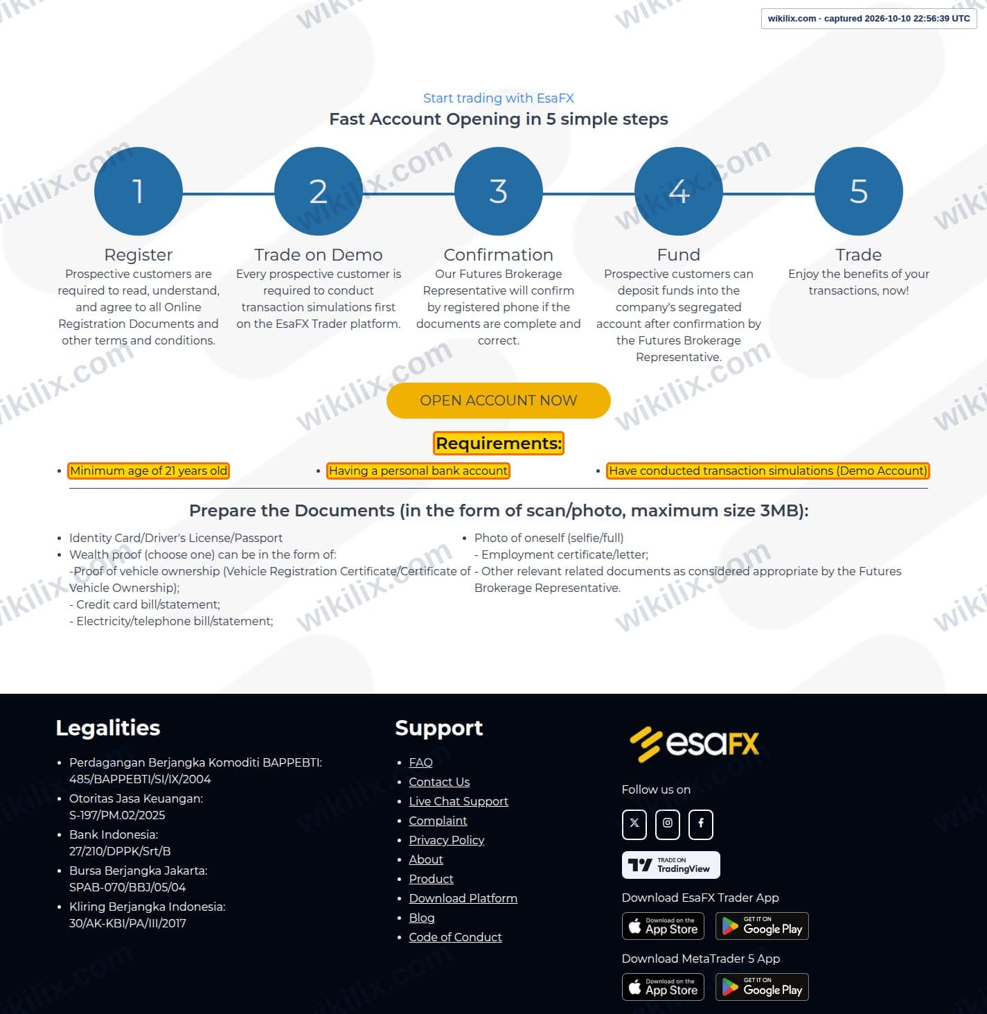 Our full page screenshot of the page that makes this promise, on Esandar's site esafx.co.id, taken on Oct 10, 2026. The quoted words are marked in the image.