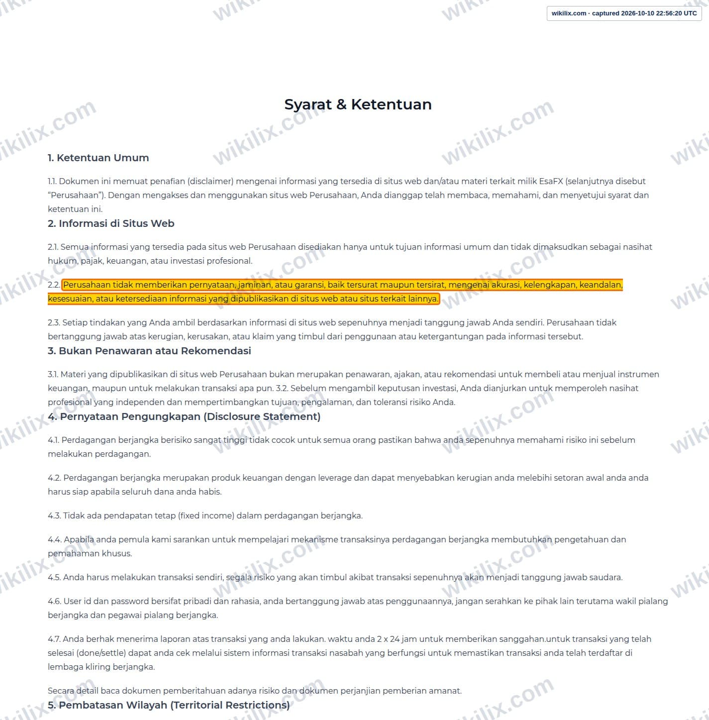 Our full page screenshot of the page this clause sits on, on Esandar's site esafx.co.id, taken on Oct 10, 2026. The quoted words are marked in the image.