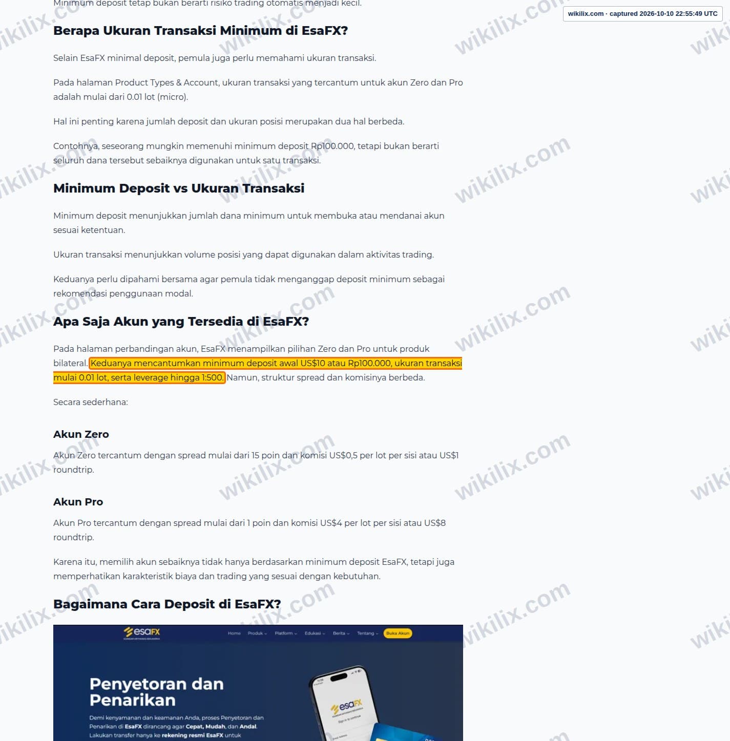Our full page screenshot of the page that makes this promise, on Esandar's site esafx.co.id, taken on Oct 10, 2026. The quoted words are marked in the image.