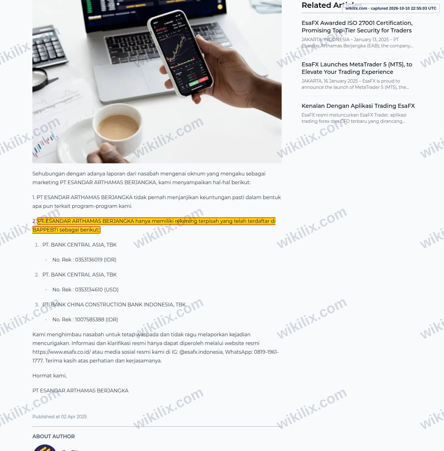 Our full page screenshot of the page that makes this promise, on Esandar's site esafx.co.id, taken on Oct 10, 2026. The quoted words are marked in the image.