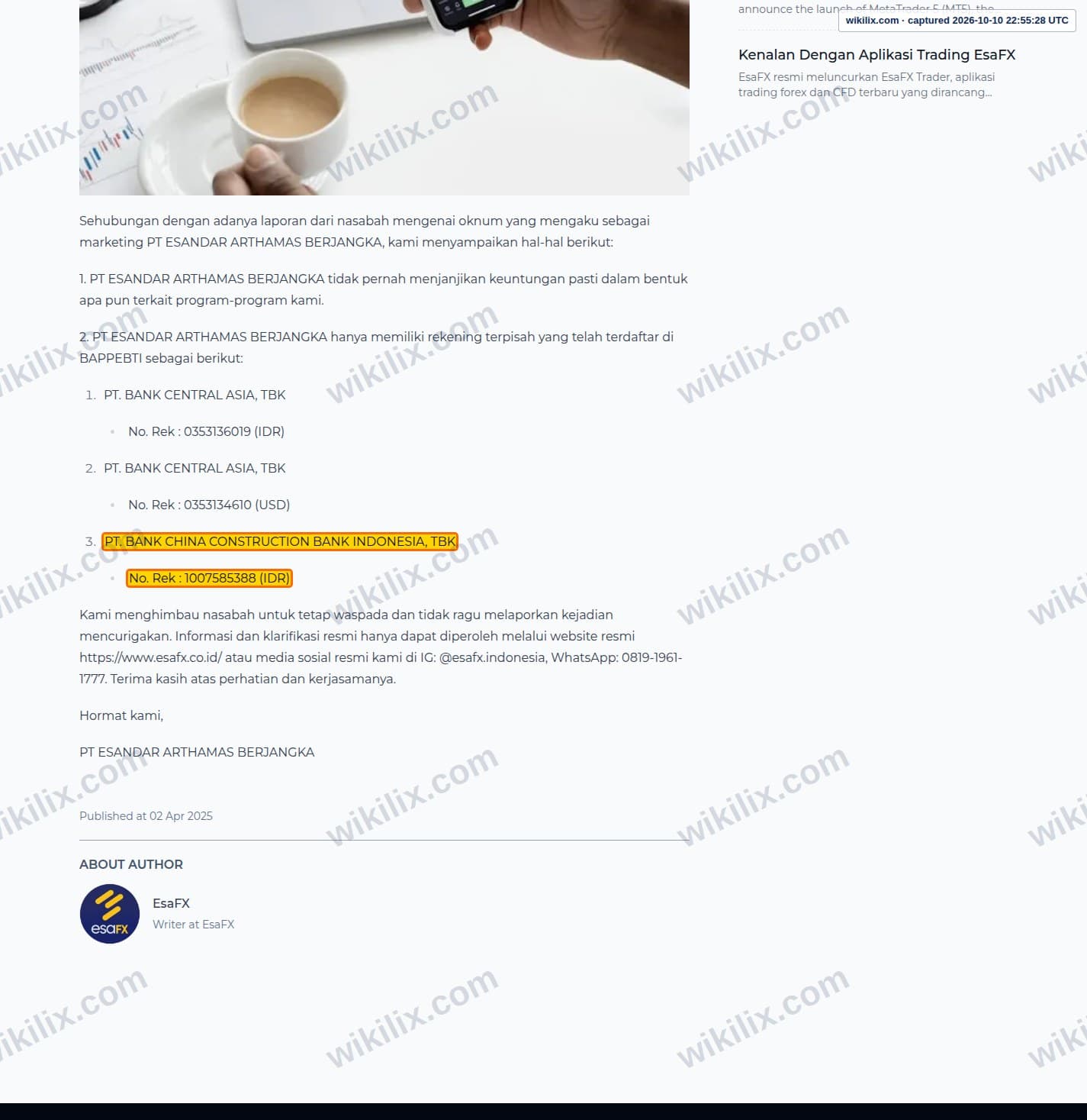Our full page screenshot of the page this clause sits on, on Esandar's site esafx.co.id, taken on Oct 10, 2026. The quoted words are marked in the image.