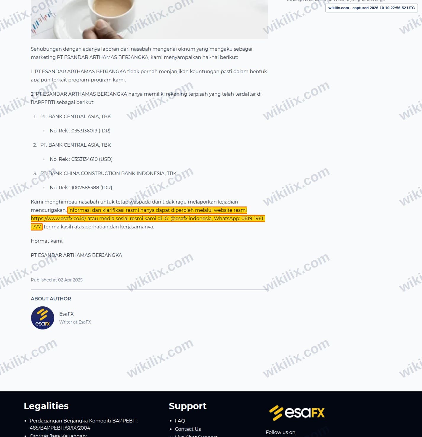 Our full page screenshot of the page that makes this promise, on Esandar's site esafx.co.id, taken on Oct 10, 2026. The quoted words are marked in the image.