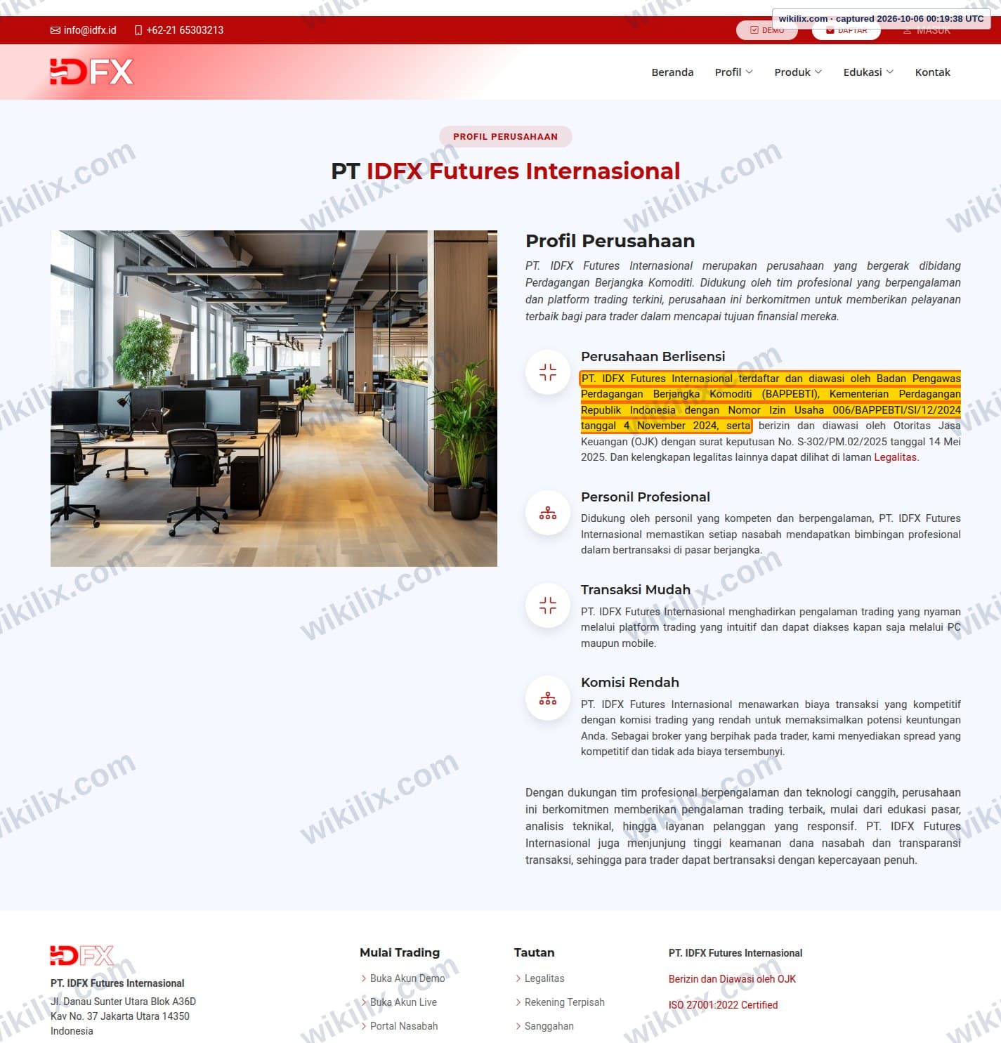Our full page screenshot of the page that makes this promise, on IDFX's site idfx.id, taken on Oct 6, 2026. The quoted words are marked in the image.