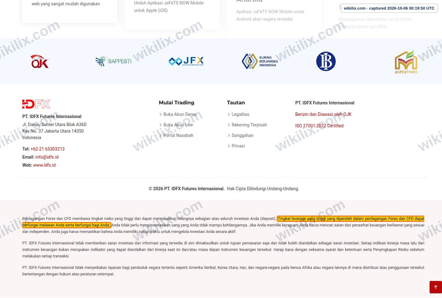 Our full page screenshot of the page this clause sits on, on IDFX's site idfx.id, taken on Oct 6, 2026. The quoted words are marked in the image.