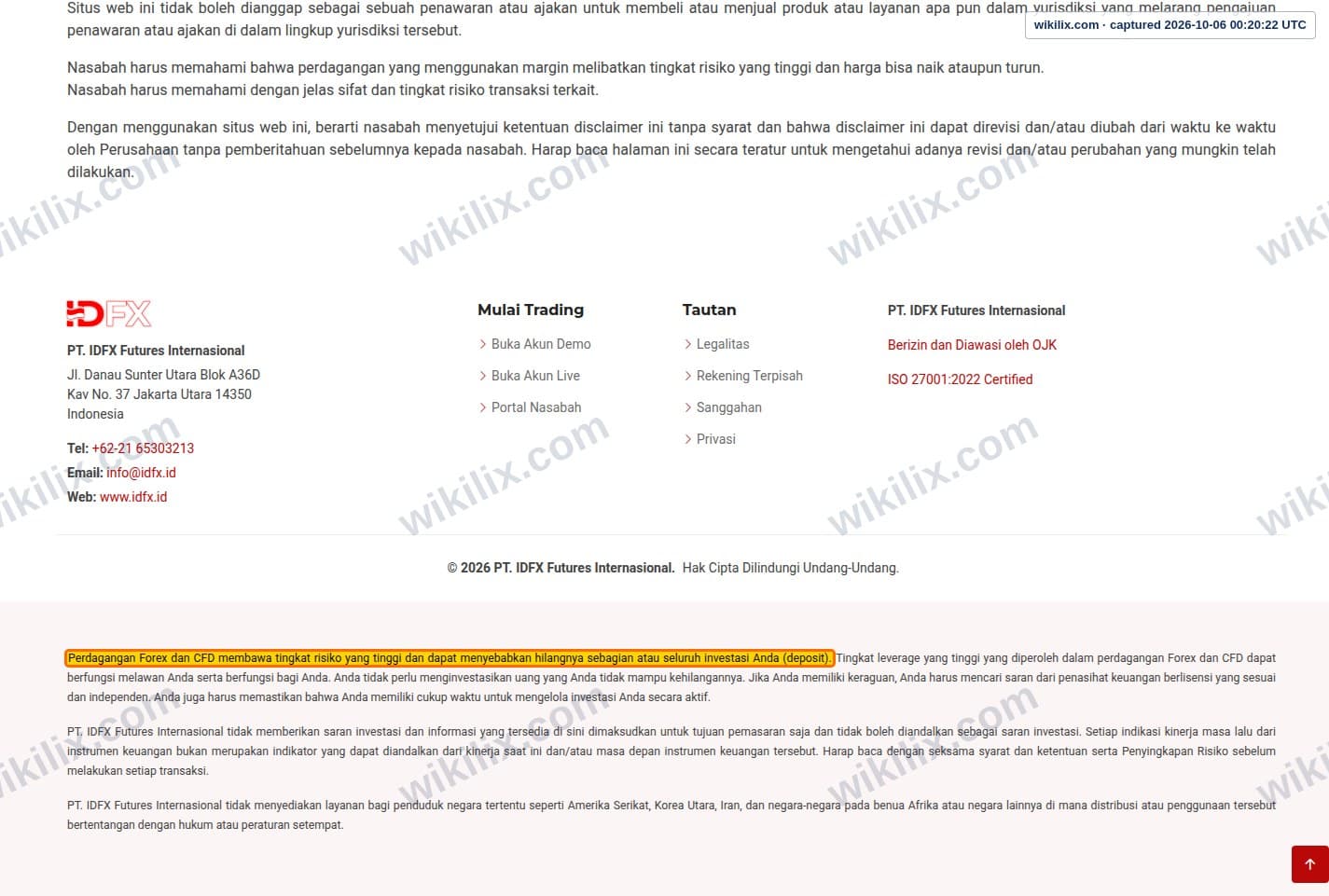 Our full page screenshot of the page this clause sits on, on IDFX's site idfx.id, taken on Oct 6, 2026. The quoted words are marked in the image.