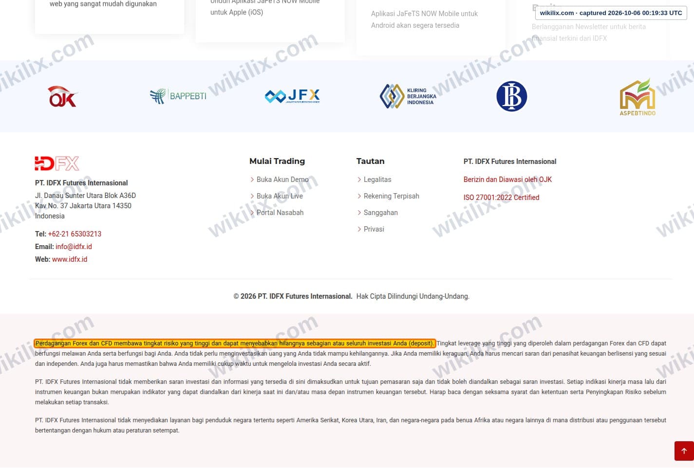 Our full page screenshot of the page this clause sits on, on IDFX's site idfx.id, taken on Oct 6, 2026. The quoted words are marked in the image.