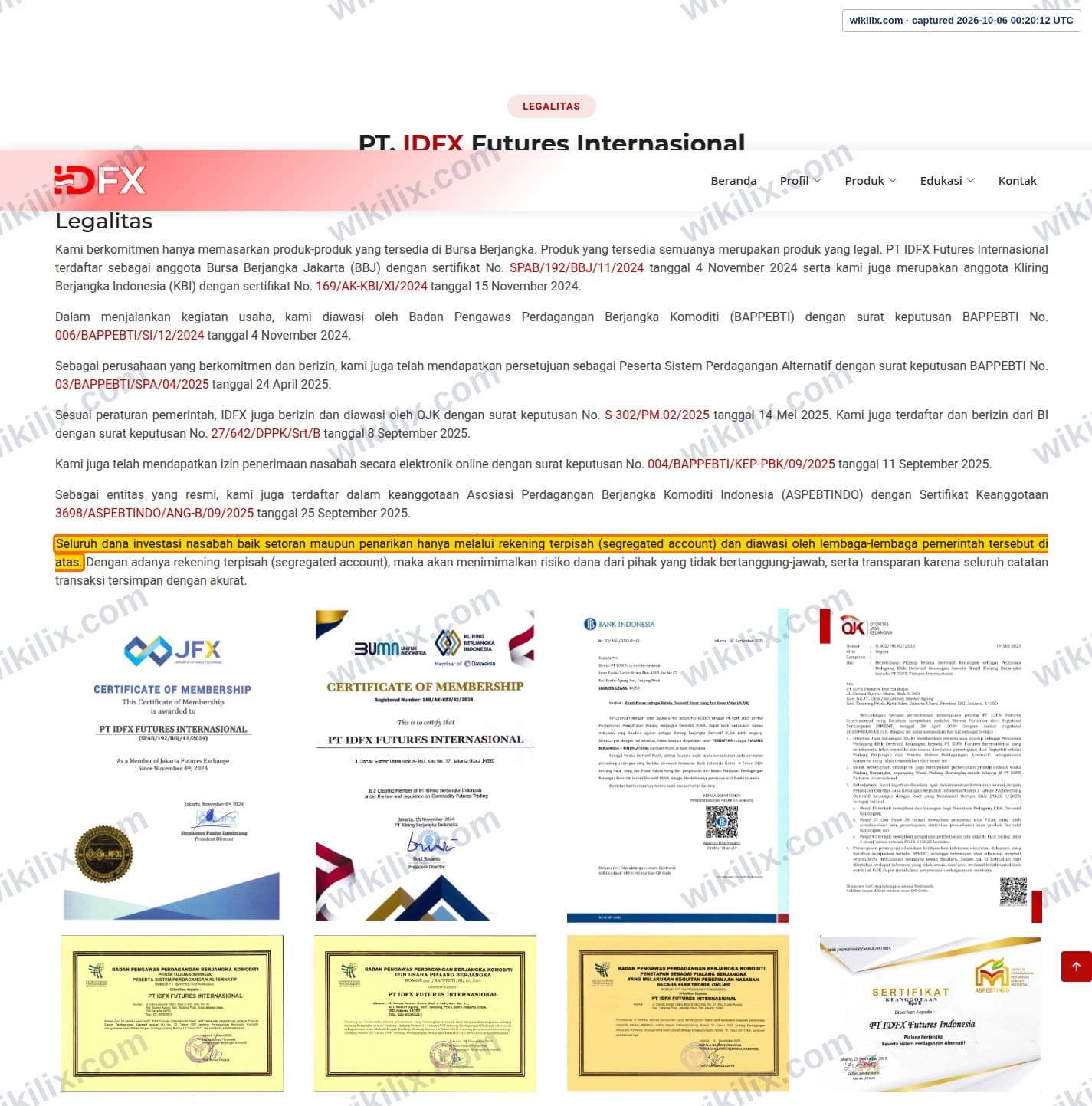 Our full page screenshot of the page this clause sits on, on IDFX's site idfx.id, taken on Oct 6, 2026. The quoted words are marked in the image.