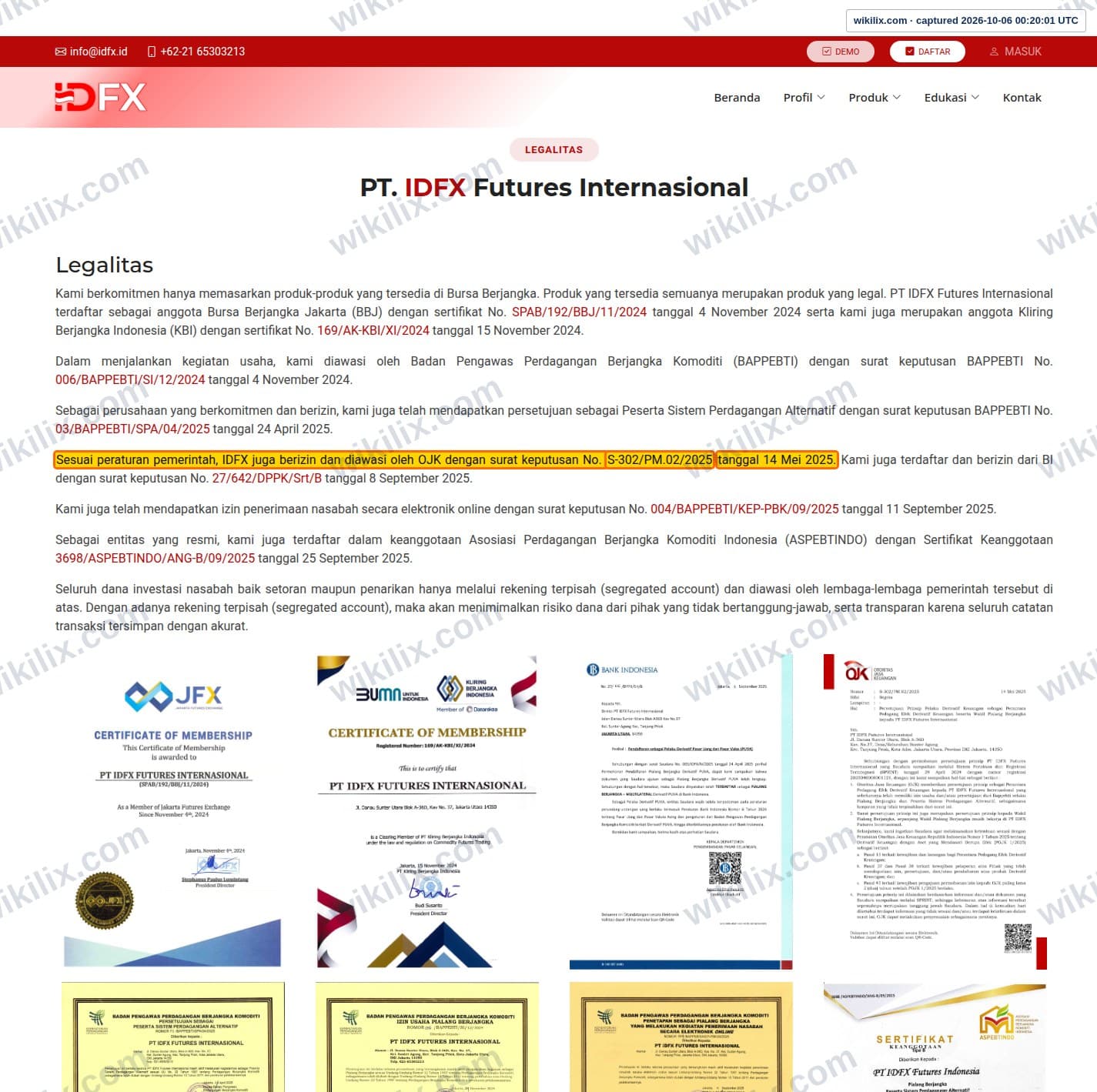 Our full page screenshot of the page this clause sits on, on IDFX's site idfx.id, taken on Oct 6, 2026. The quoted words are marked in the image.