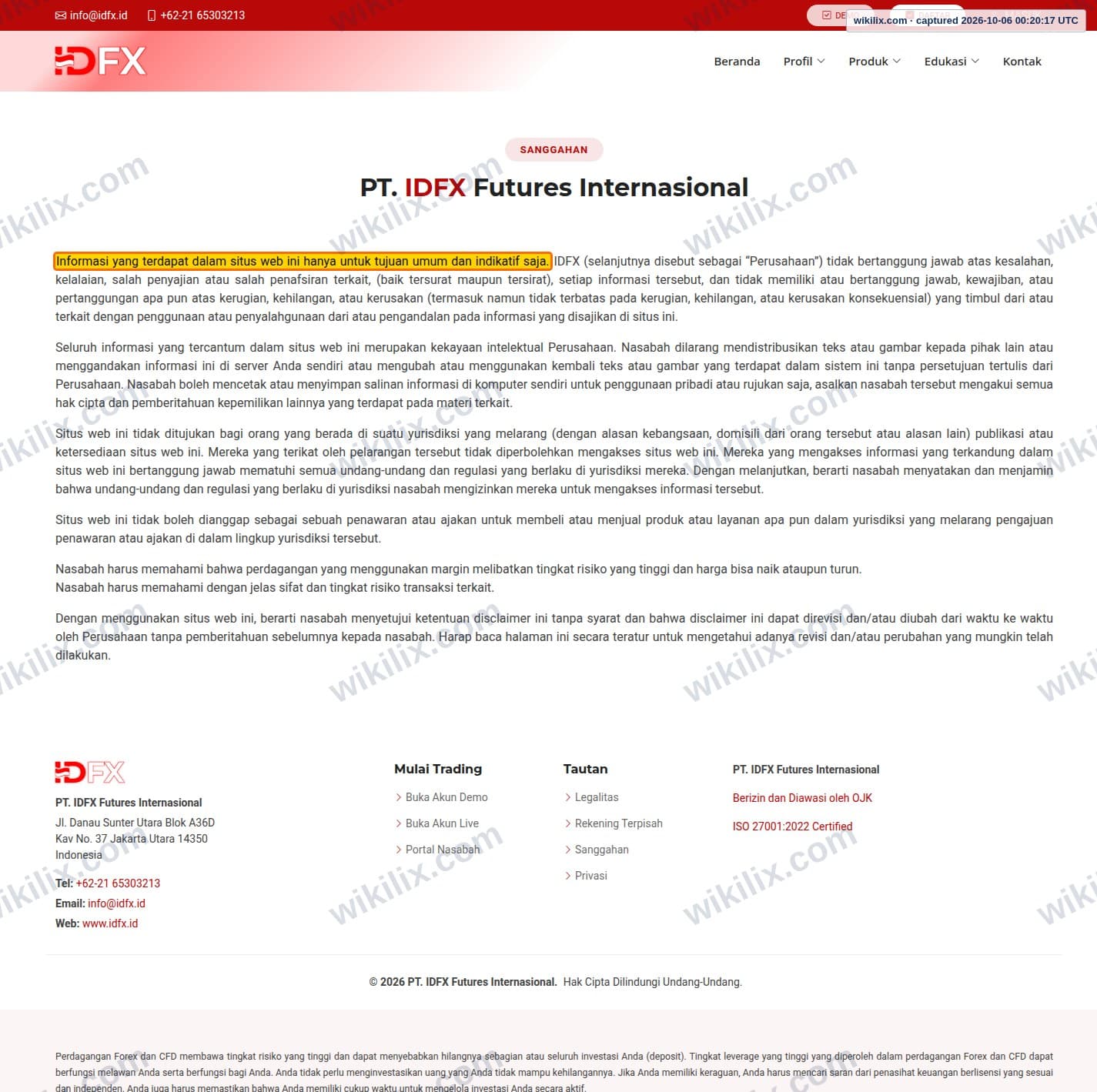Our full page screenshot of the page this clause sits on, on IDFX's site idfx.id, taken on Oct 6, 2026. The quoted words are marked in the image.
