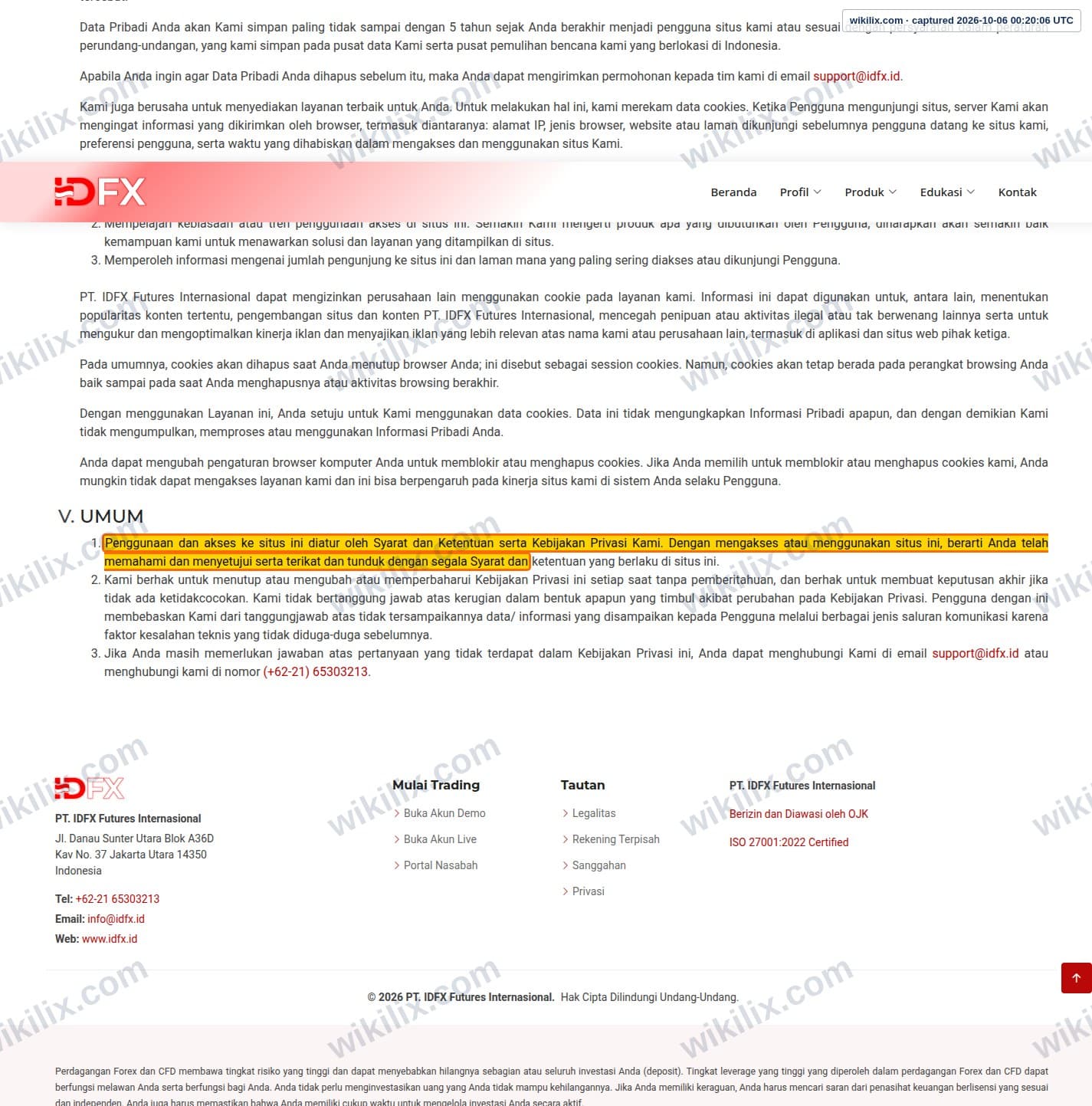 Our full page screenshot of the page this clause sits on, on IDFX's site idfx.id, taken on Oct 6, 2026. The quoted words are marked in the image.