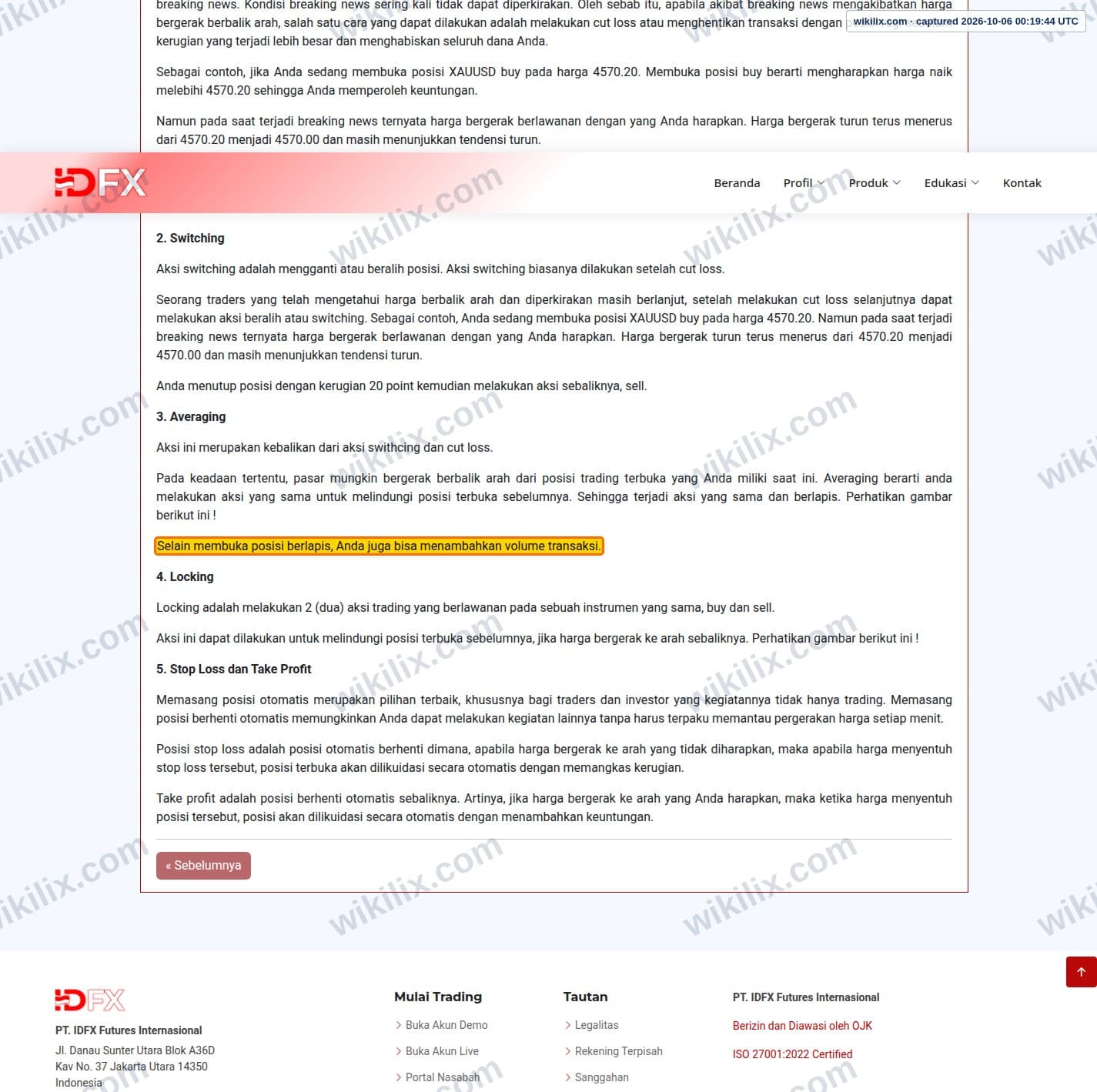 Our full page screenshot of the page that makes this promise, on IDFX's site idfx.id, taken on Oct 6, 2026. The quoted words are marked in the image.