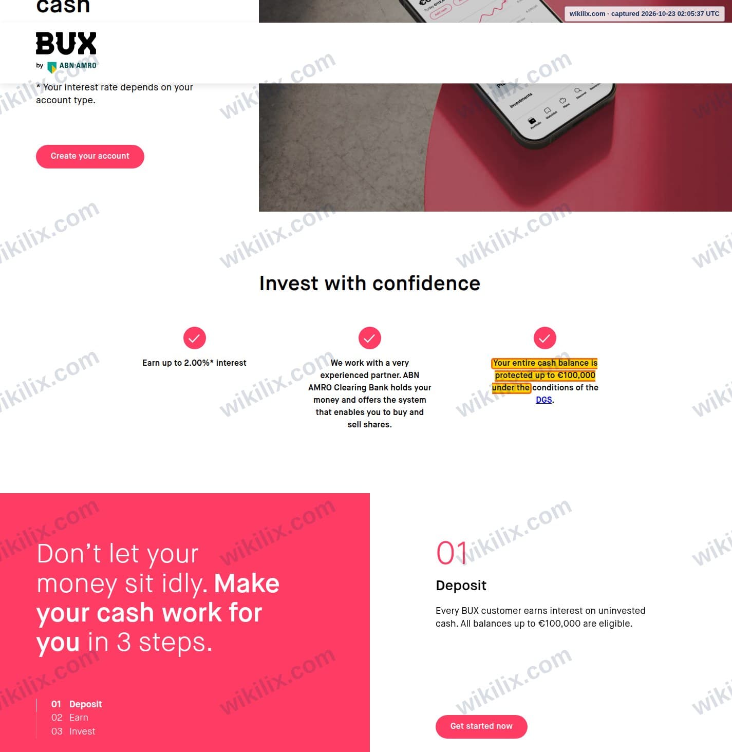 Our full page screenshot of the page that makes this promise, on BUX Markets's site bux.com, taken on Oct 23, 2026. The quoted words are marked in the image.