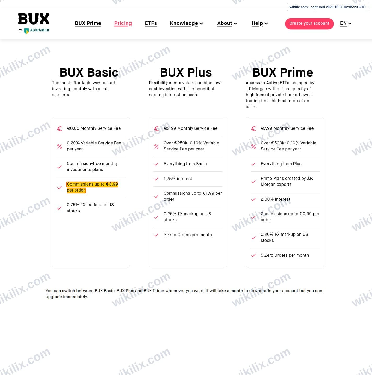 Our full page screenshot of the page this clause sits on, on BUX Markets's site bux.com, taken on Oct 23, 2026. The quoted words are marked in the image.