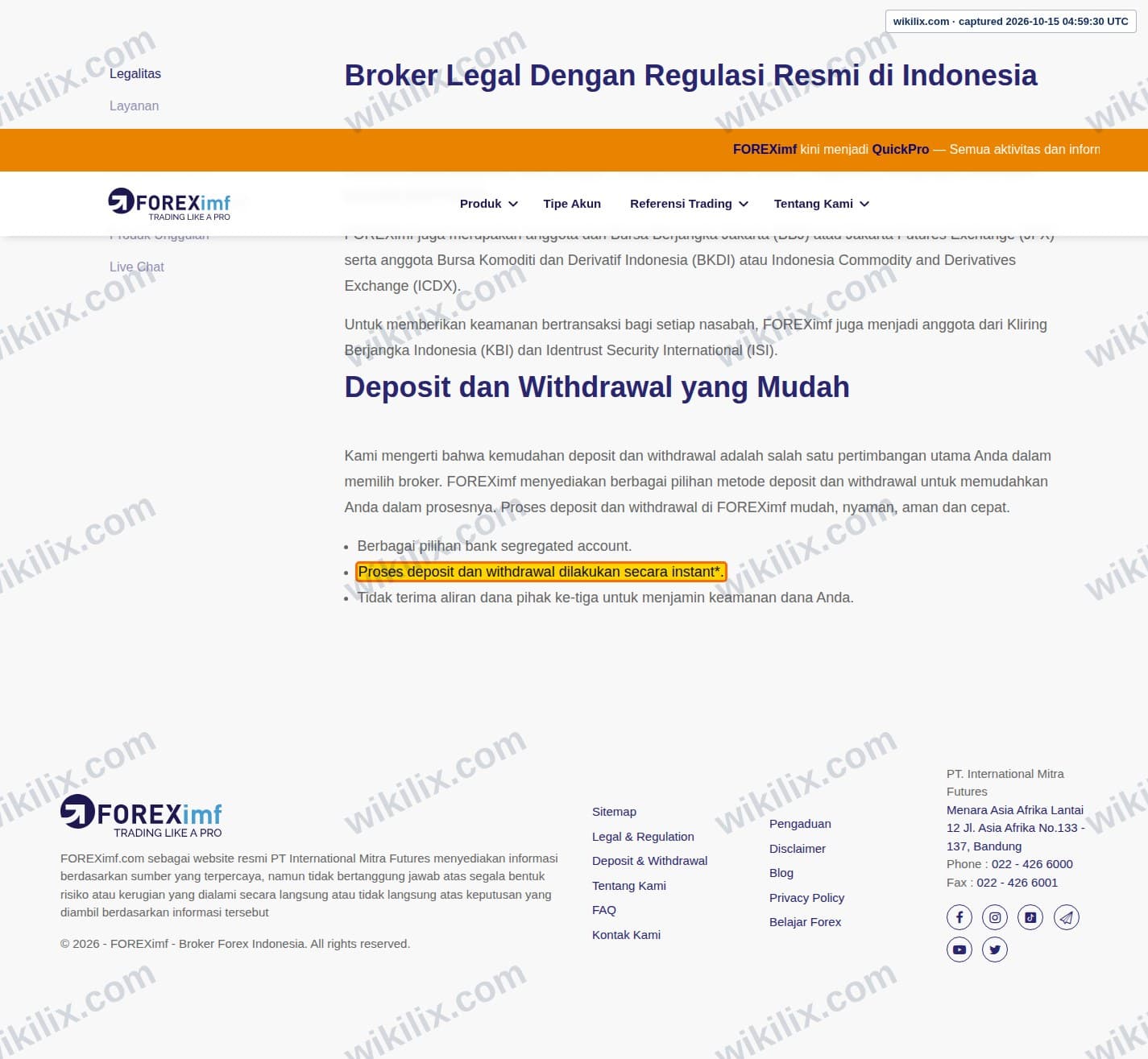 Our full page screenshot of the page that makes this promise, on QuickPro's site foreximf.com, taken on Oct 15, 2026. The quoted words are marked in the image.