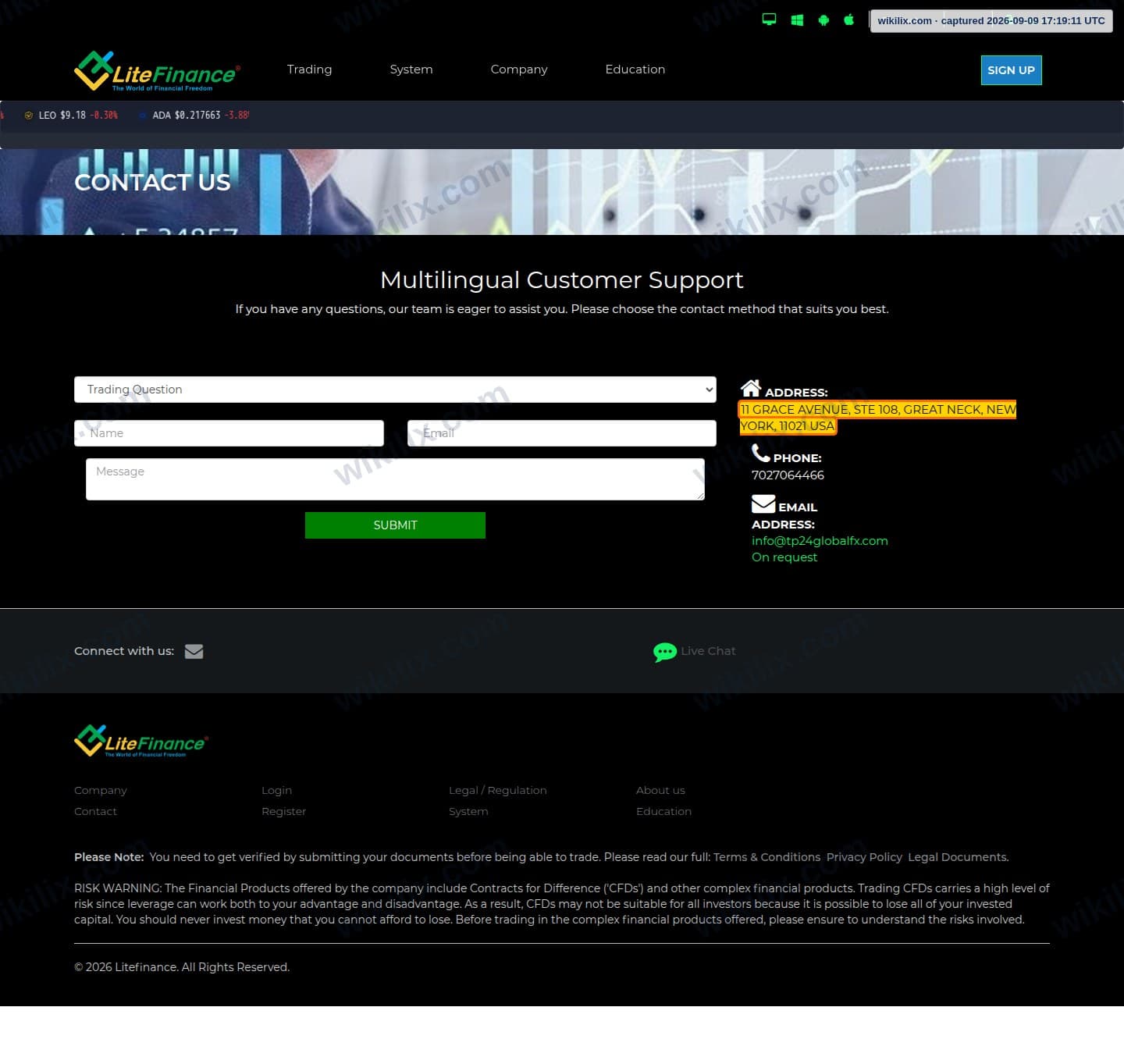 Our full page screenshot of the page this clause sits on, on Litefinance's site client.litefinvip.pro, taken on Sep 9, 2026. The quoted words are marked in the image.