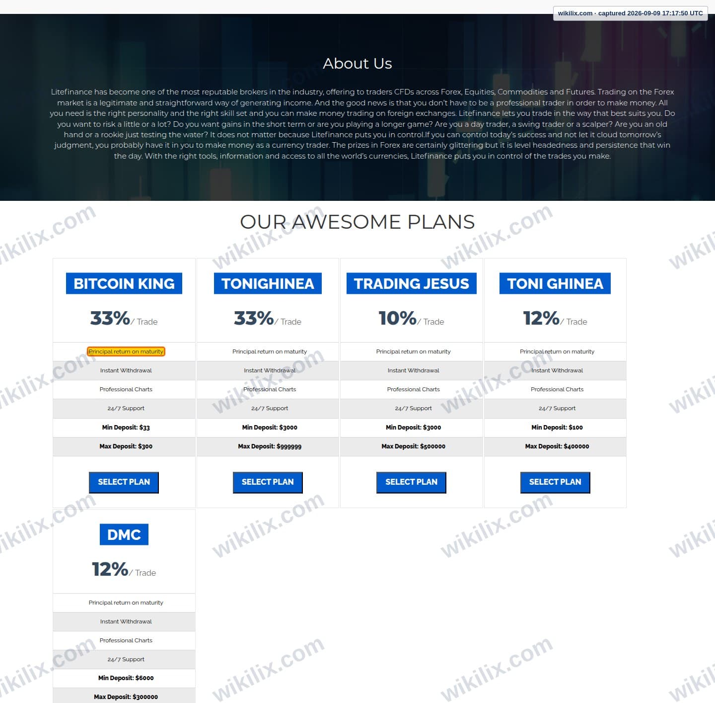 Our full page screenshot of the page that makes this promise, on Litefinance's site client.litefinvip.pro, taken on Sep 9, 2026. The quoted words are marked in the image.