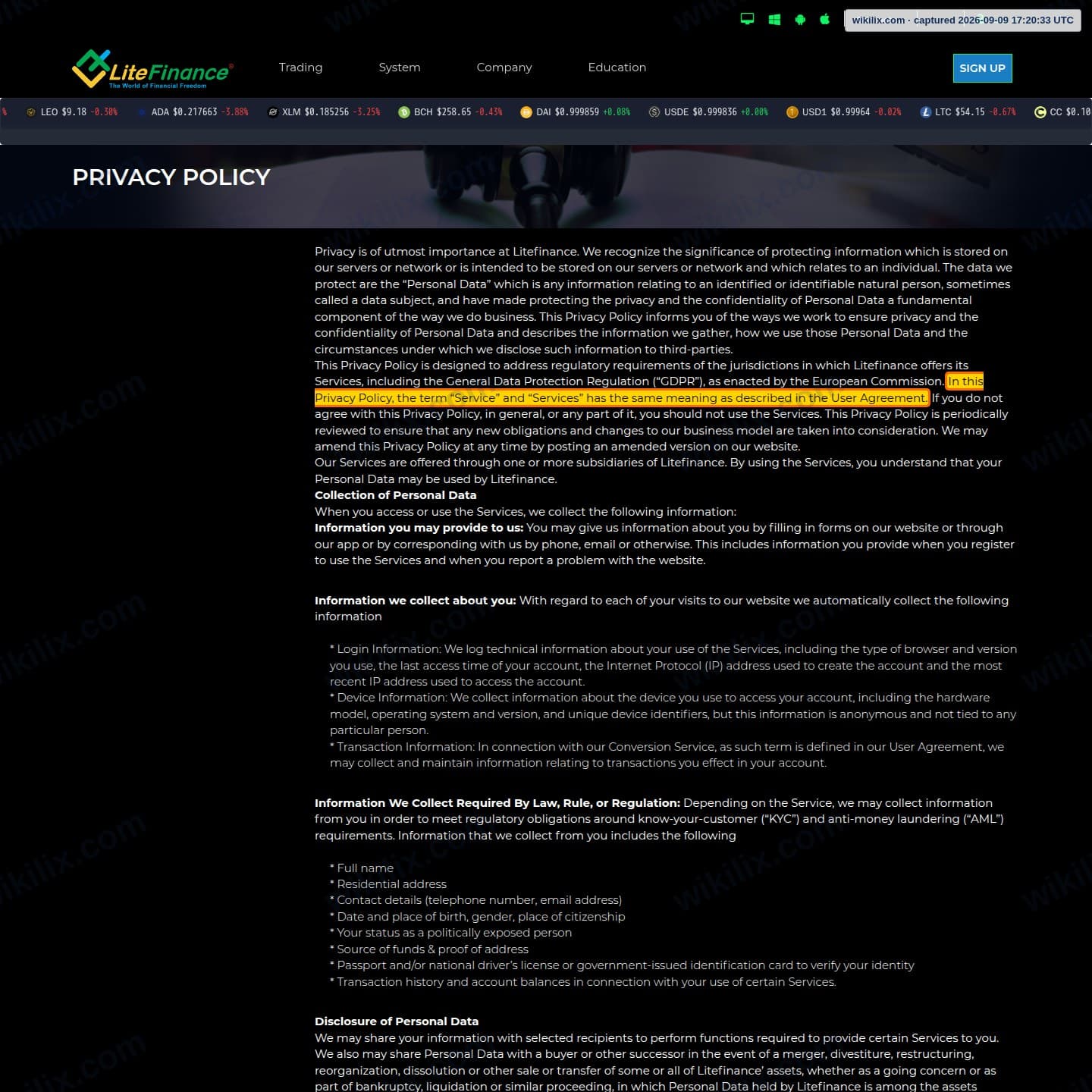 Our full page screenshot of the page this clause sits on, on Litefinance's site client.litefinvip.pro, taken on Sep 9, 2026. The quoted words are marked in the image.