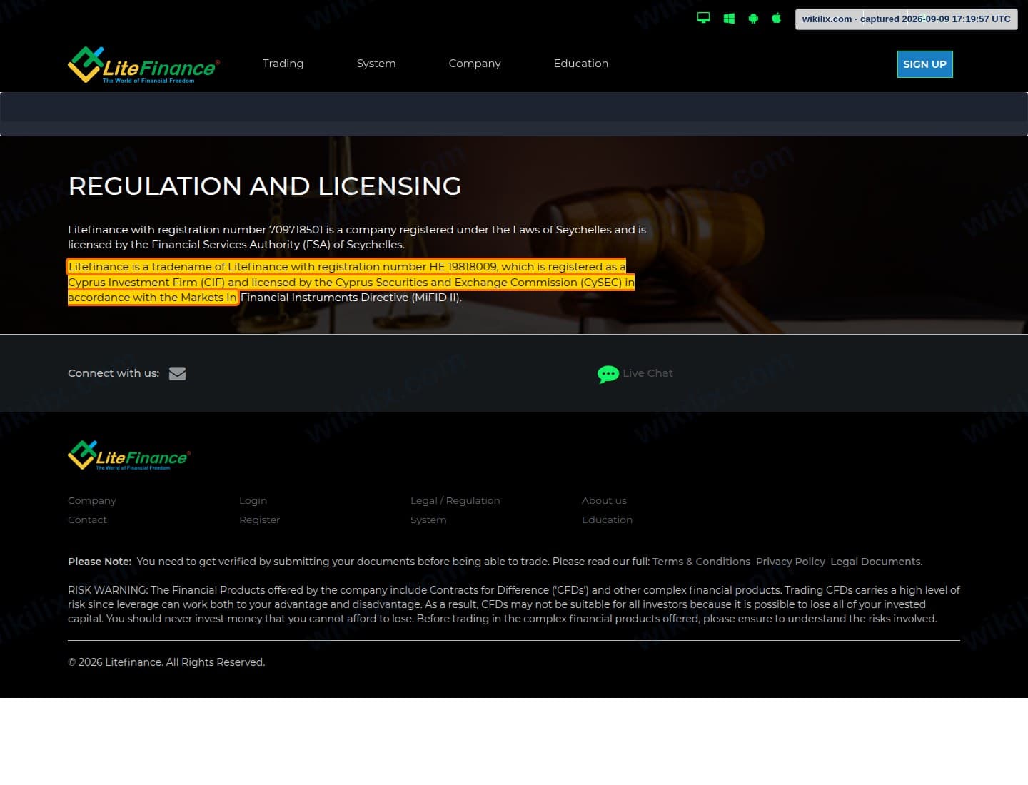 Our full page screenshot of the page this clause sits on, on Litefinance's site client.litefinvip.pro, taken on Sep 9, 2026. The quoted words are marked in the image.
