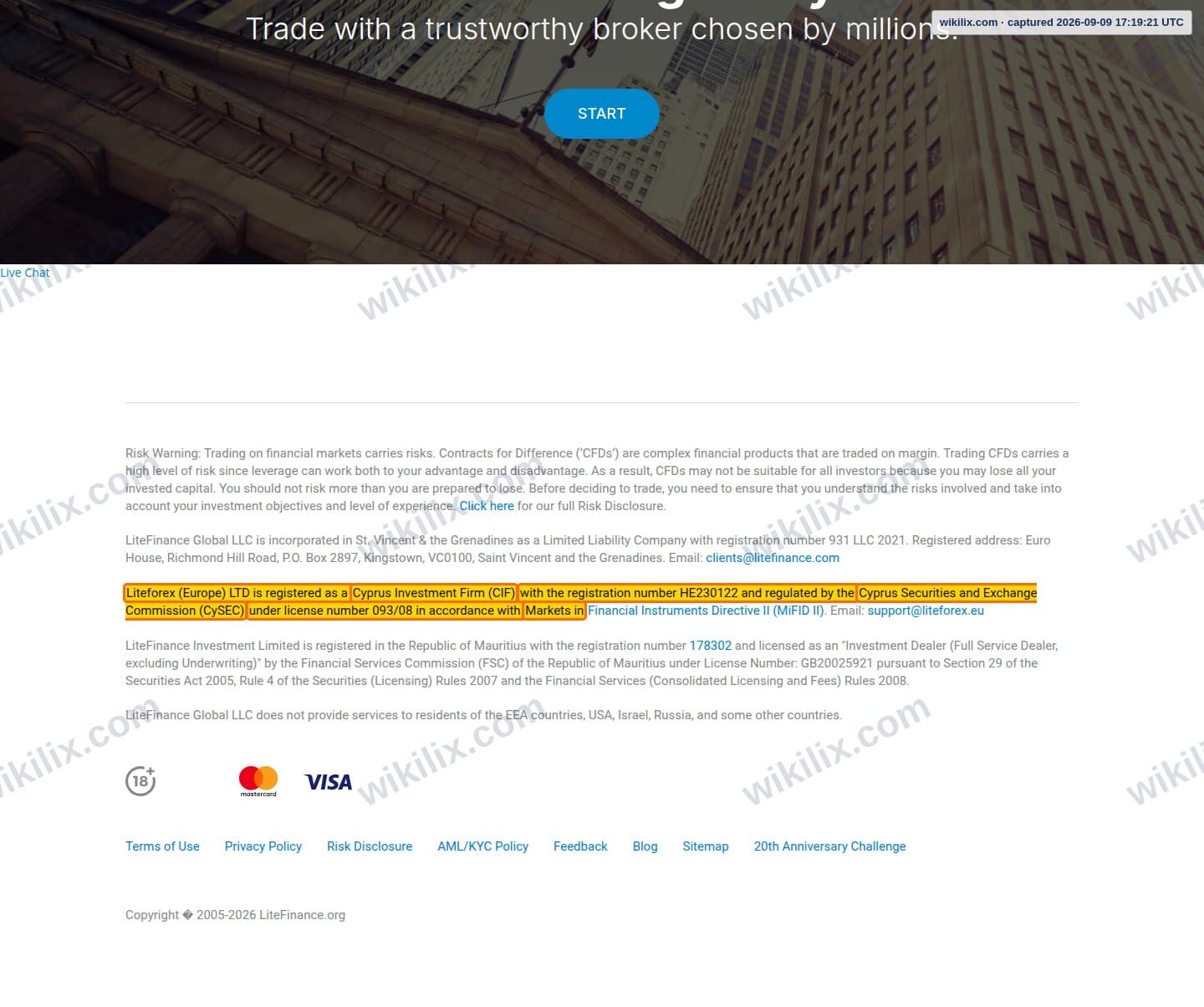 Our full page screenshot of the page that makes this promise, on Litefinance's site litefinvip.pro, taken on Sep 9, 2026. The quoted words are marked in the image.