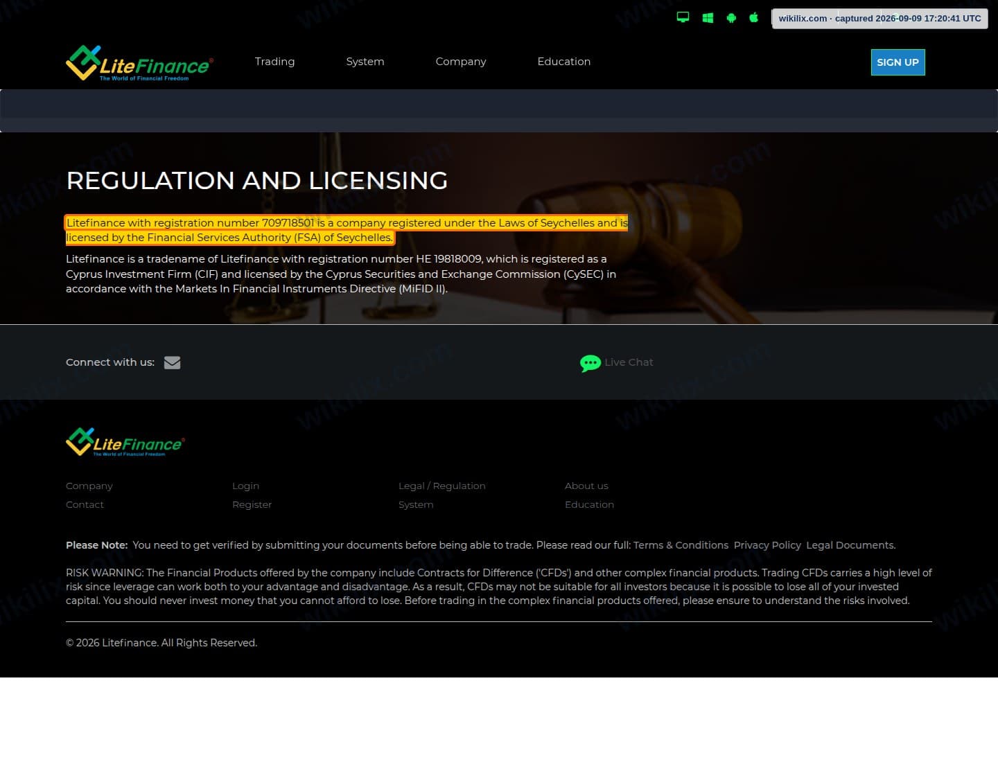 Our full page screenshot of the page this clause sits on, on Litefinance's site client.litefinvip.pro, taken on Sep 9, 2026. The quoted words are marked in the image.