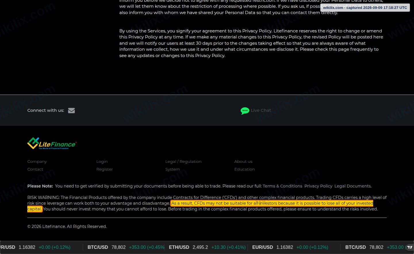 Our full page screenshot of the page this clause sits on, on Litefinance's site client.litefinvip.pro, taken on Sep 9, 2026. The quoted words are marked in the image.