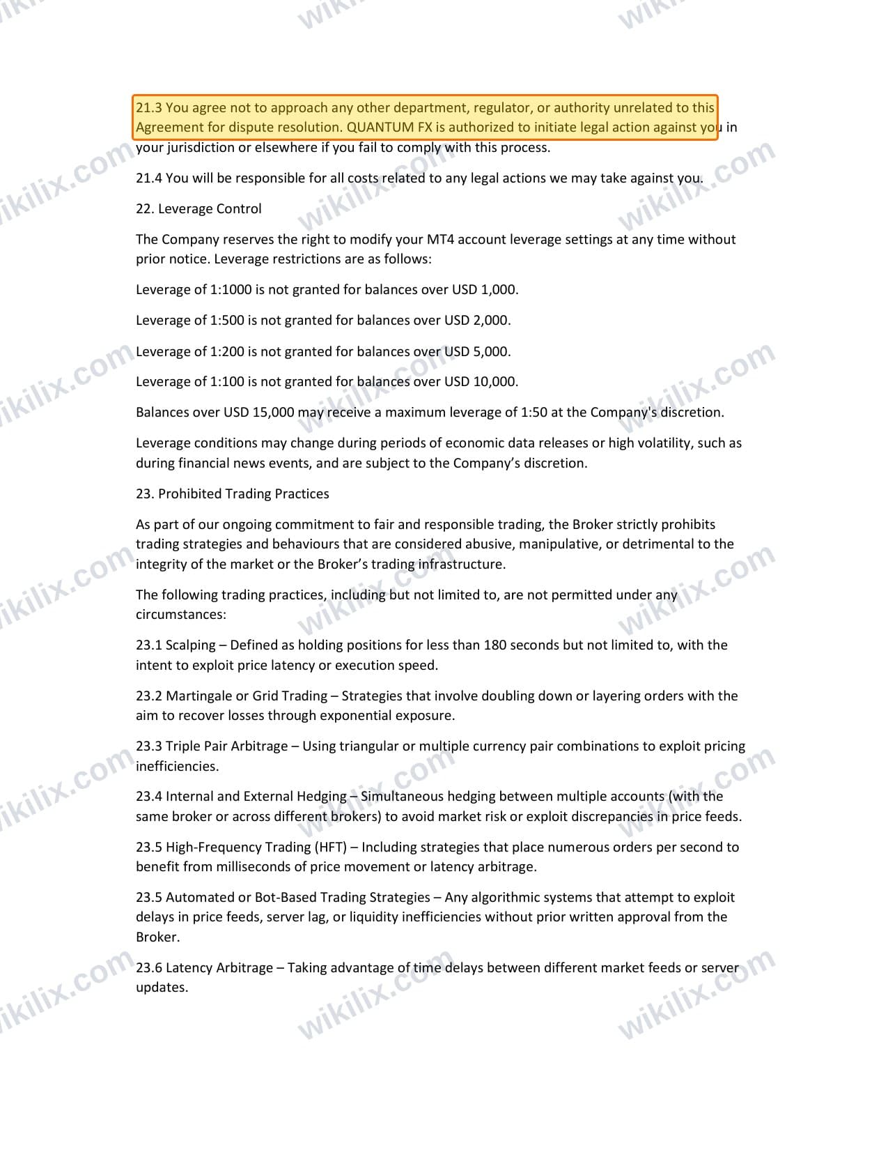Our full page screenshot of the page this clause sits on, on Quantum FX's site my.quantumfx.forex, taken on Sep 8, 2026. The quoted words are marked in the image.