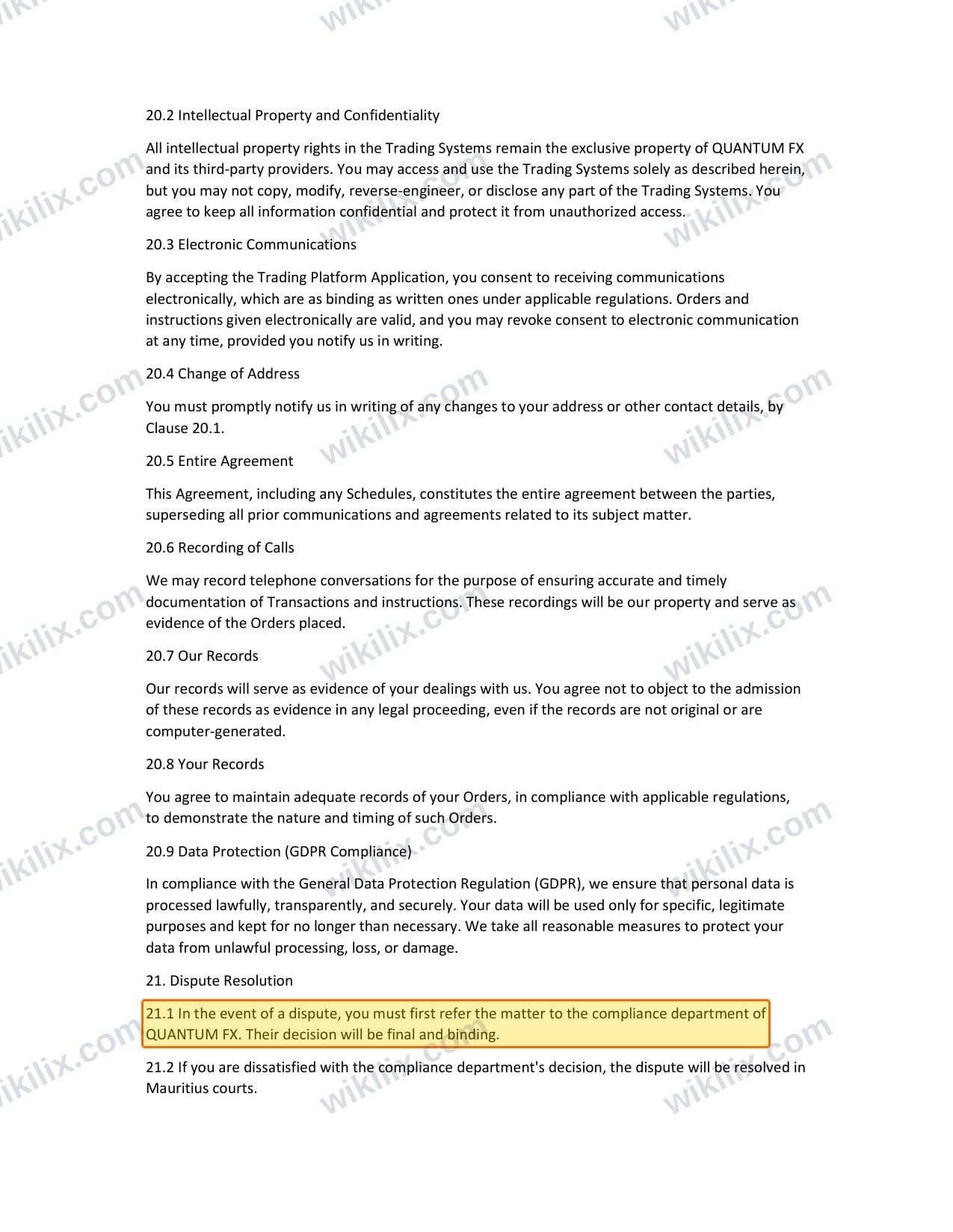 Our full page screenshot of the page this clause sits on, on Quantum FX's site my.quantumfx.forex, taken on Sep 8, 2026. The quoted words are marked in the image.