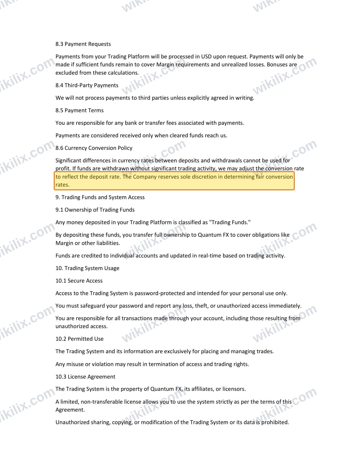 Our full page screenshot of the page this clause sits on, on Quantum FX's site my.quantumfx.forex, taken on Sep 8, 2026. The quoted words are marked in the image.